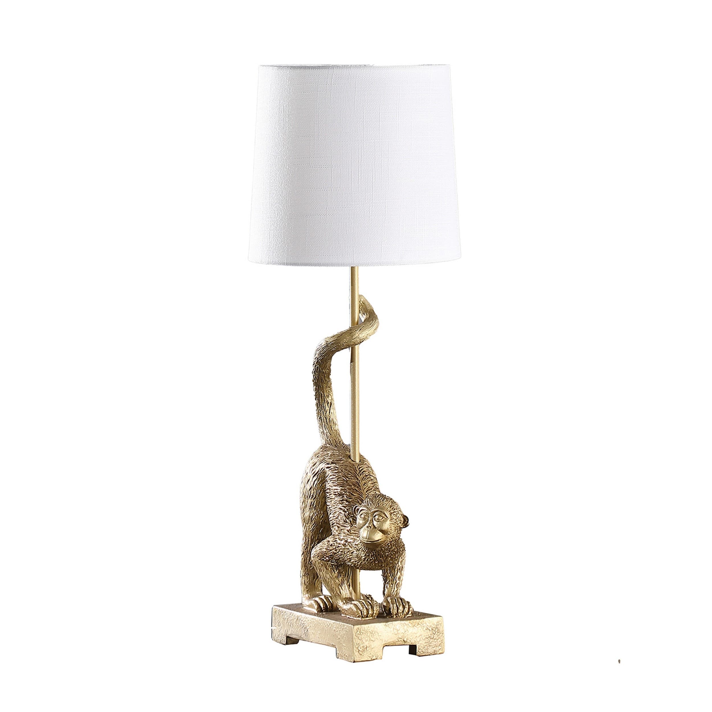 Ree 24 Inch Accent Table Lamp, Monkey Resin Sculpture, Drum Shade, Gold