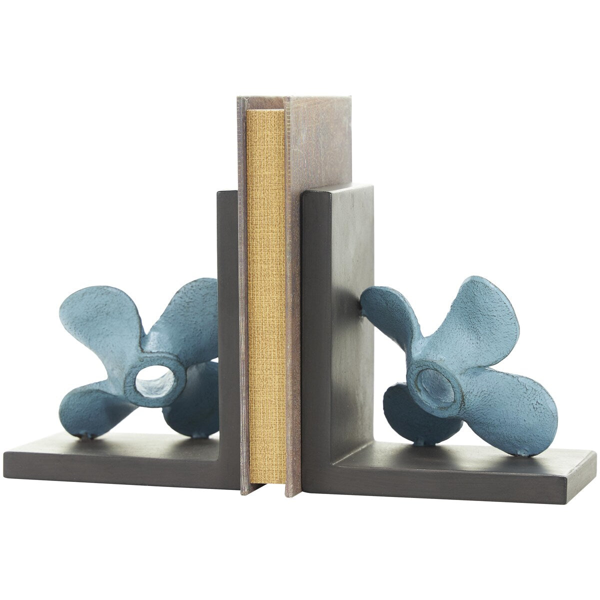 Metal Boat Distressed Propeller Decorative Bookends with Brown L-Shaped Stands - Set of 2 Teal - Roche River Decor