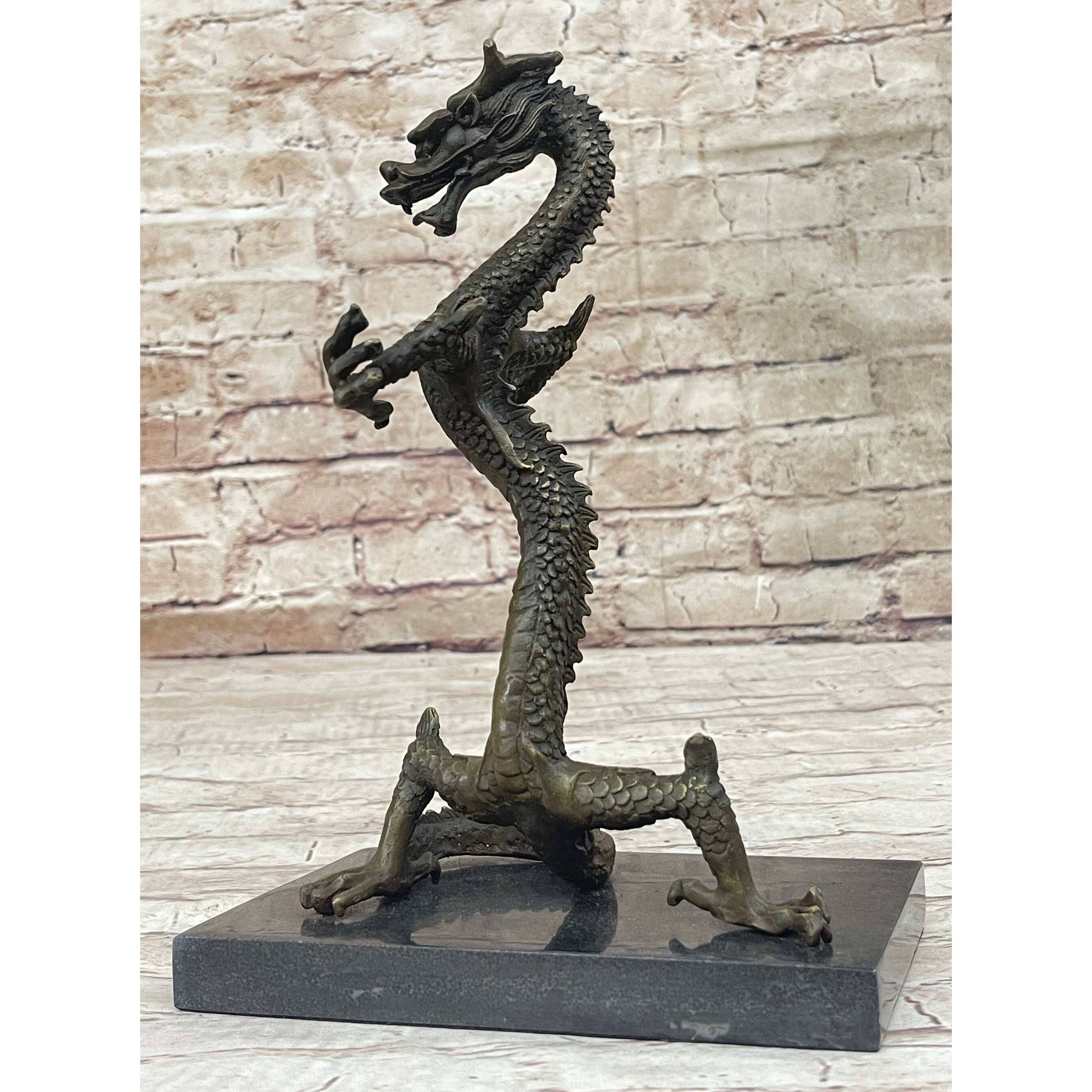 Skinny Chinese Dragon Bronze Sculpture Statue Figure On Marble Base