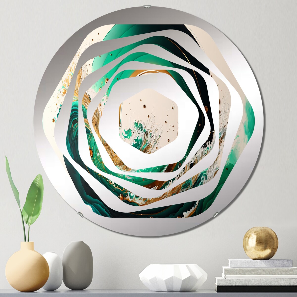 Designart Green And Gold Crashing Waves III - Modern Abstract Spirals Amorphe Decorative Mirror