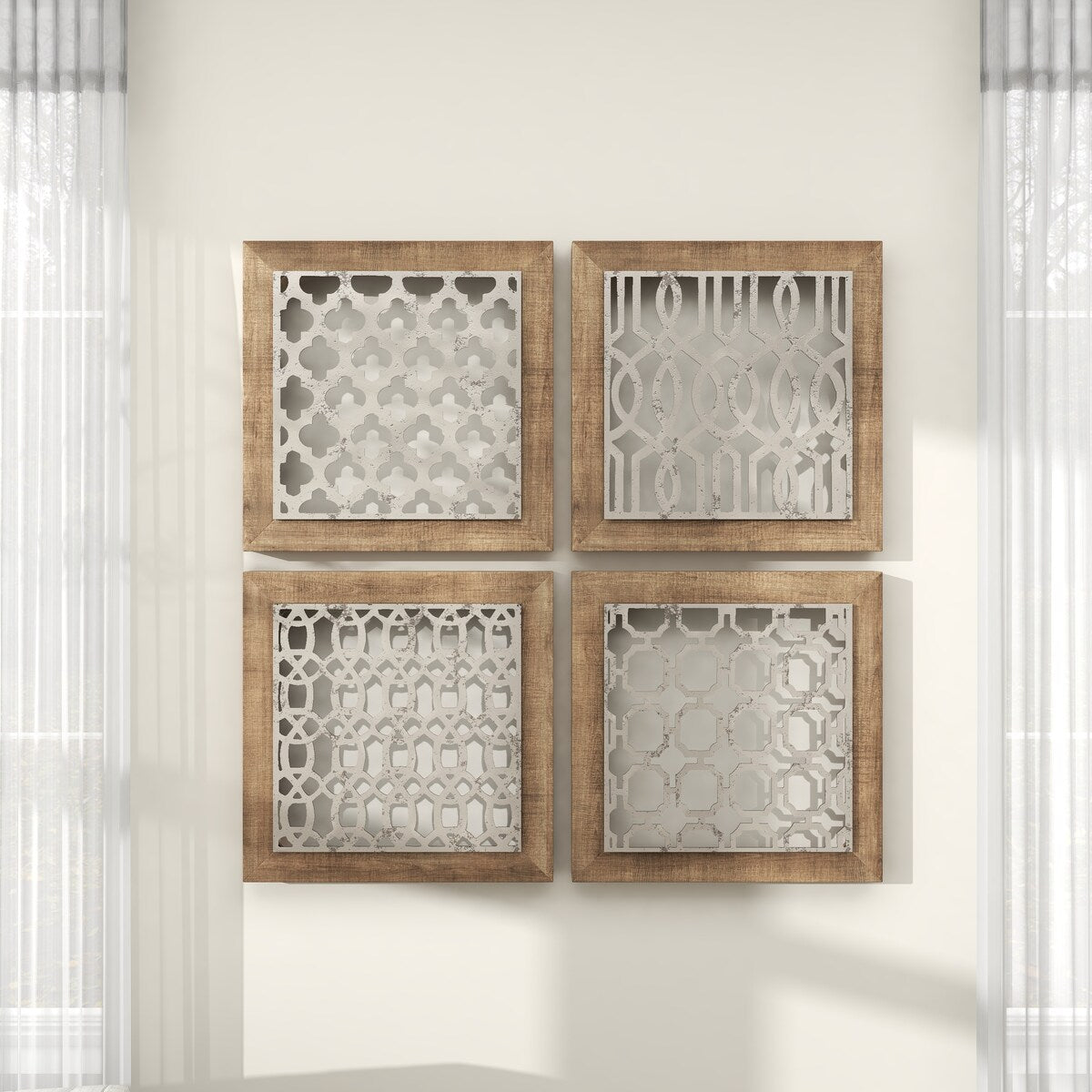 Wood Geometric Home Wall Decor with Silver Metal Trellis Cutouts - Set of 4 Brown - Roche River Decor