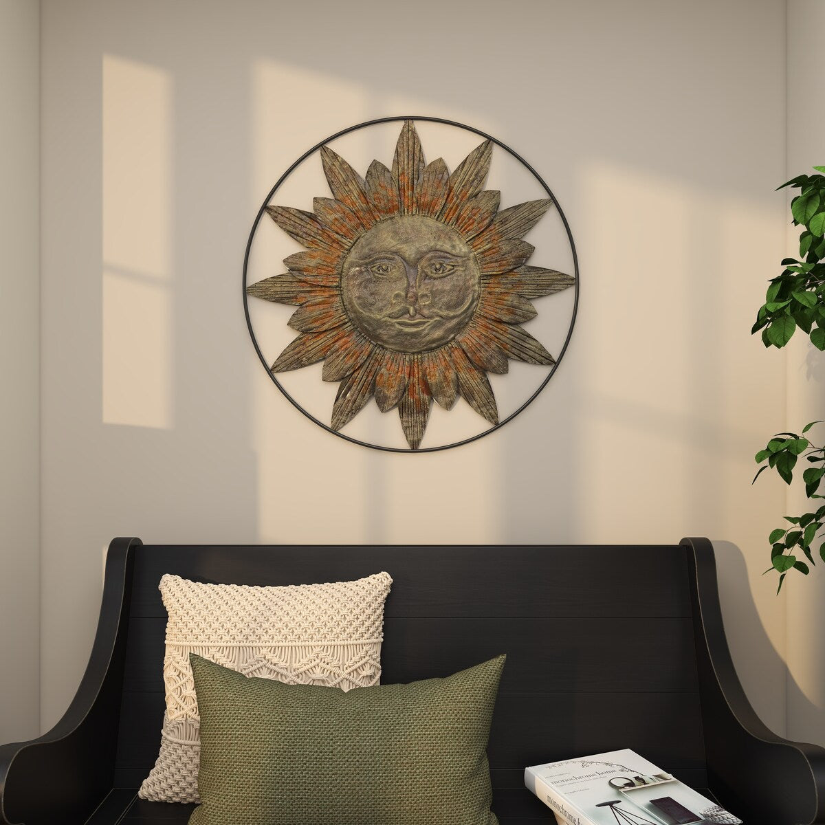 Metal Sun Indoor Outdoor Home Wall Decor with Distressed Copper Like Finish - Brown - Roche River Decor