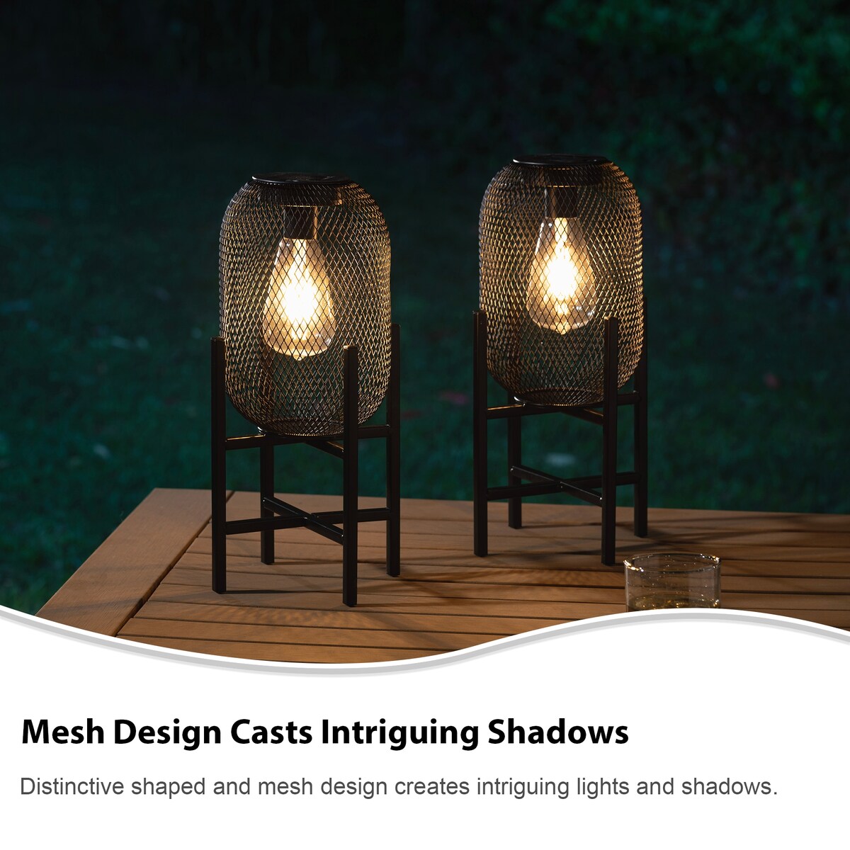 Glitzhome Set of 2 Metal Black Solar Powered Outdoor Lantern with Stand