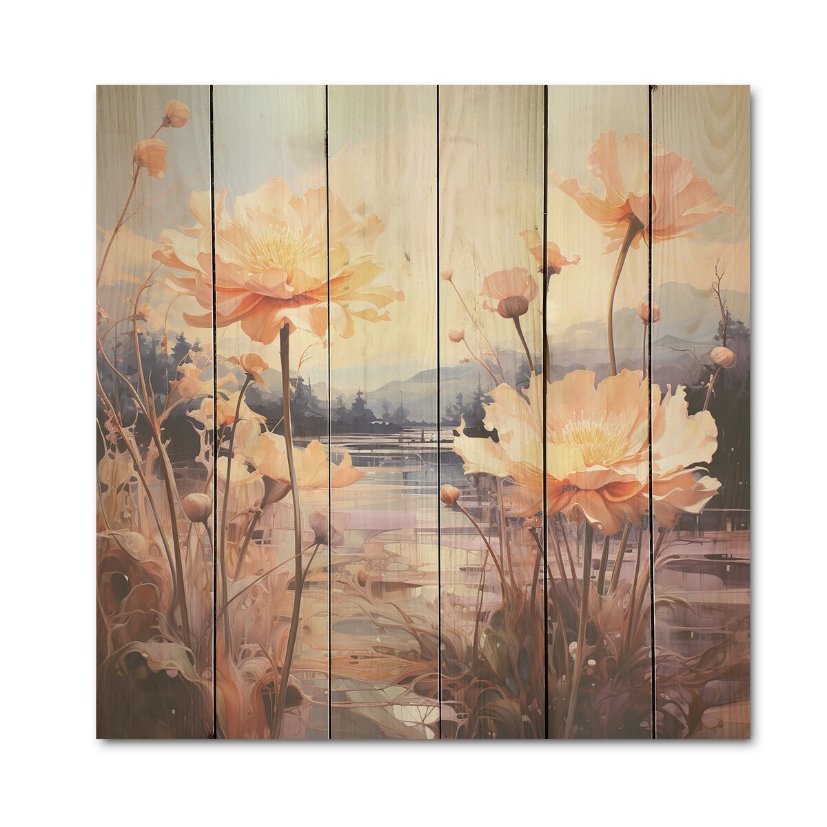 Designart Glass Floral On Mountain Scenery Flowers Wood Wall Decor Traditional Beige Wood Panel On Natural Pine Wood