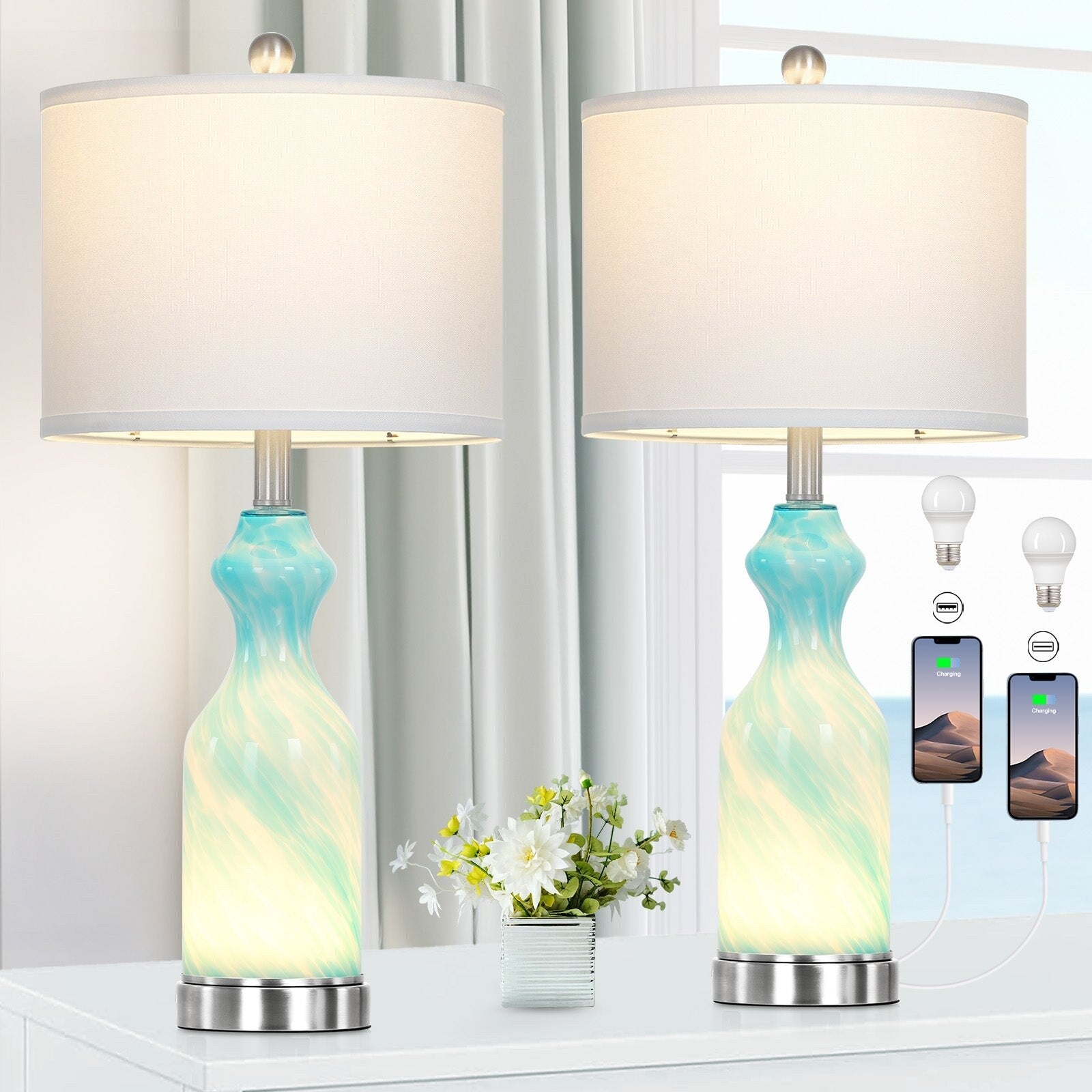 Blue Glass Nightlight Table Lamps 2in1 with USB and type-C Charging Ports (Set of 2) - 12'' x 12'' x 26'' (L x W x H)