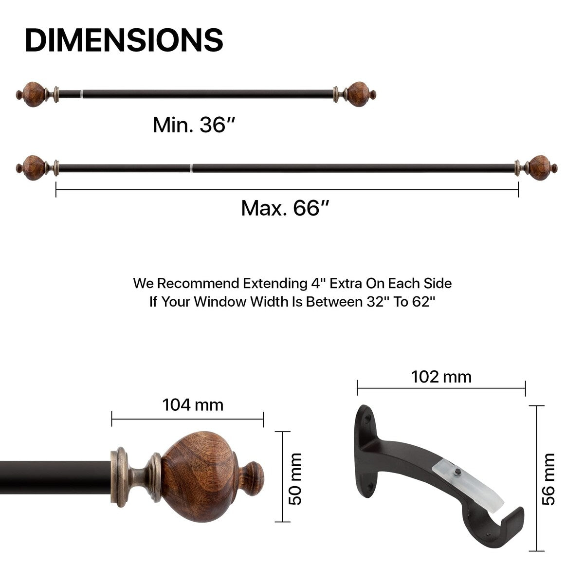 Deco Window Brown adjustable Curtain Rod with Wooden Finials & Bracket