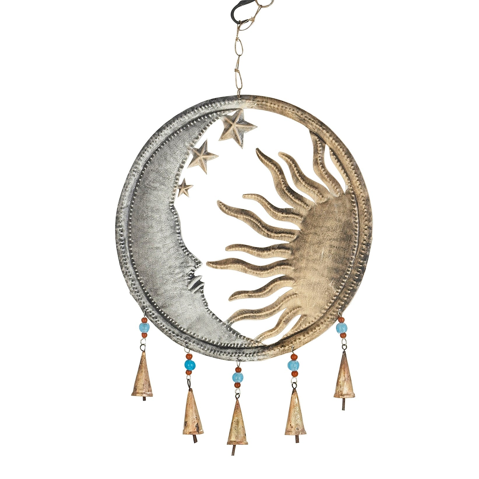 Gold Metal Moon and Sun Windchime with Glass Beads and Cone Bells - 15 x 1 x 19