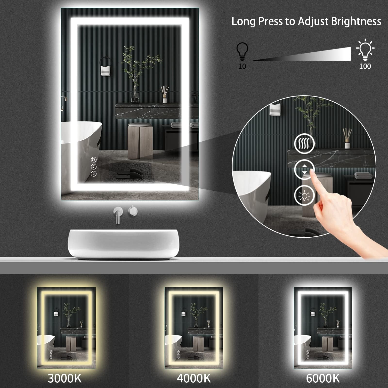 KIOTEE LED Mirror Lights Anti-Fog Frameless Bathroom Vanity Mirror in Tempered Glass