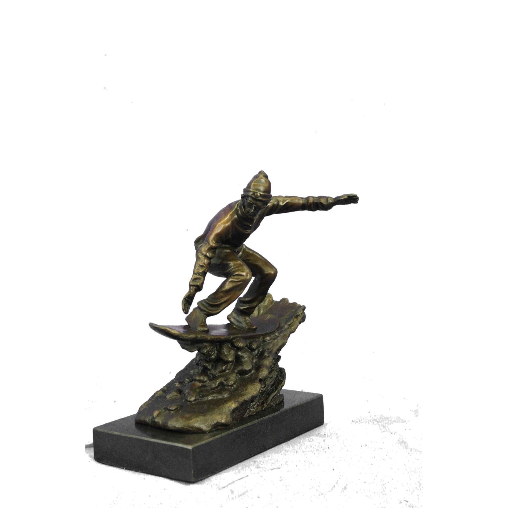 Real Bronze Marble Ski Snowboarder Winter Sport Figurine Sculpture Figural Decor