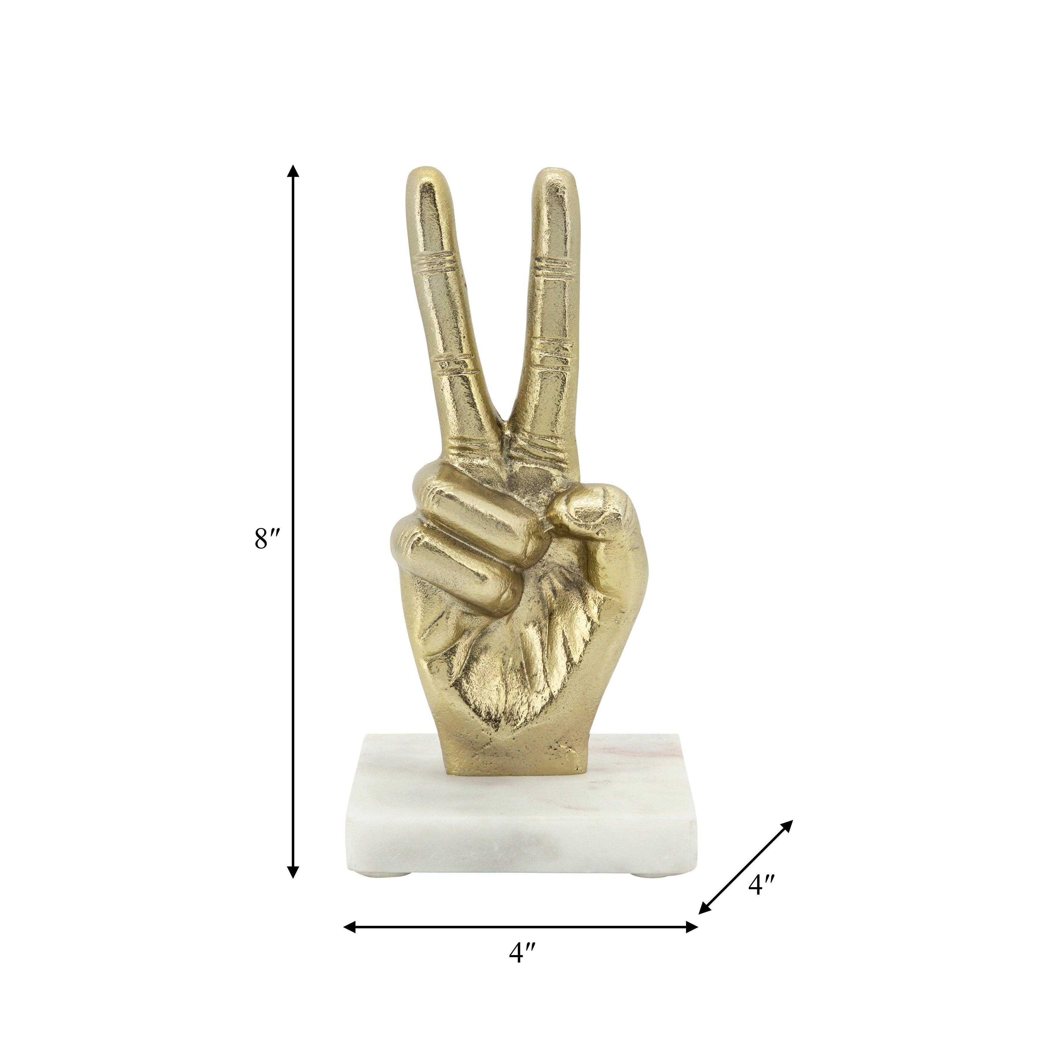 9 Metal Peace Sign Sculpture Hand Peace Sign Statue on White Marble Base Contemporary Decorative Table Accent - 4 x 4 x 8