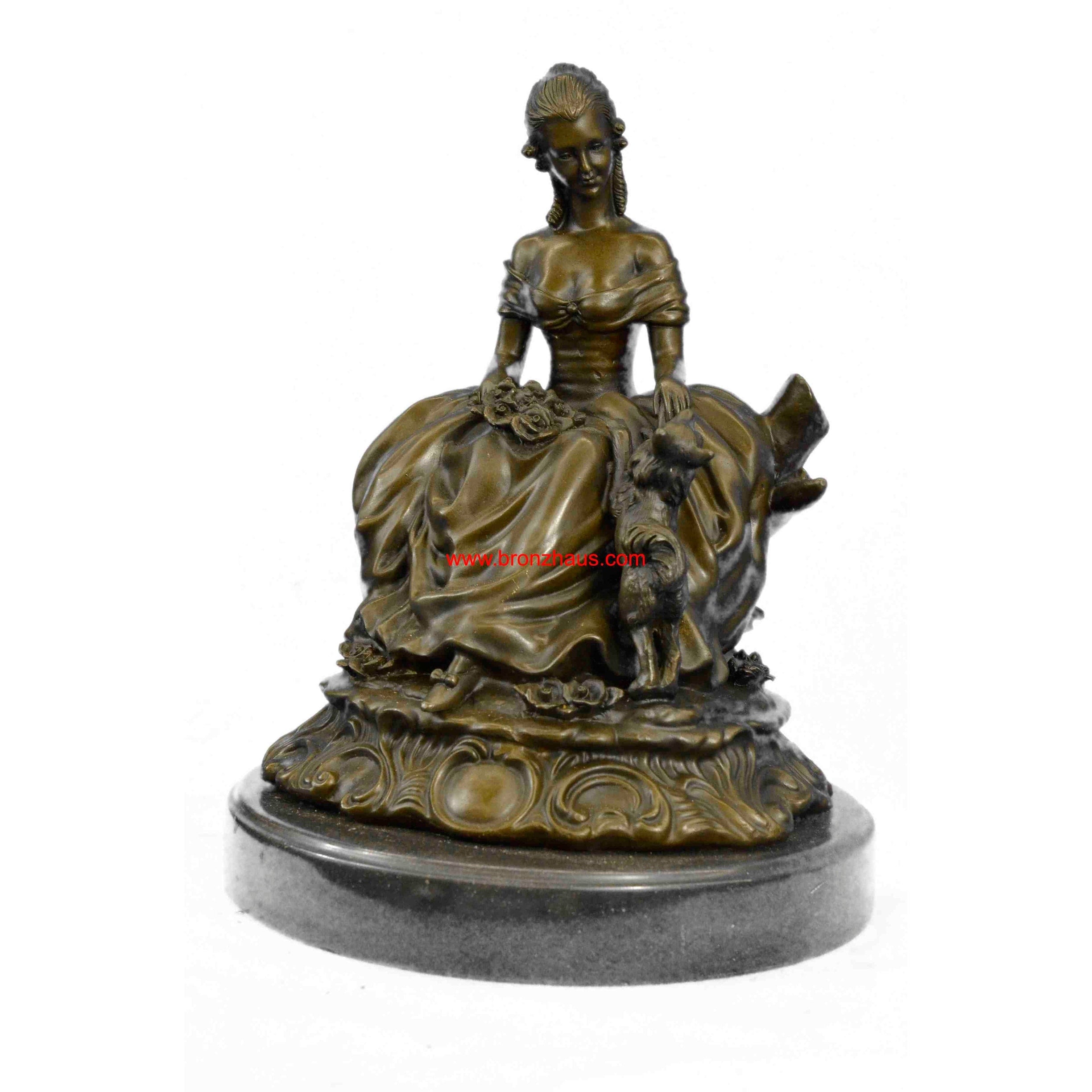 Large Stunning Bronze Sculpture Victorian Lady With Dog Hot Cast Statue Figurine