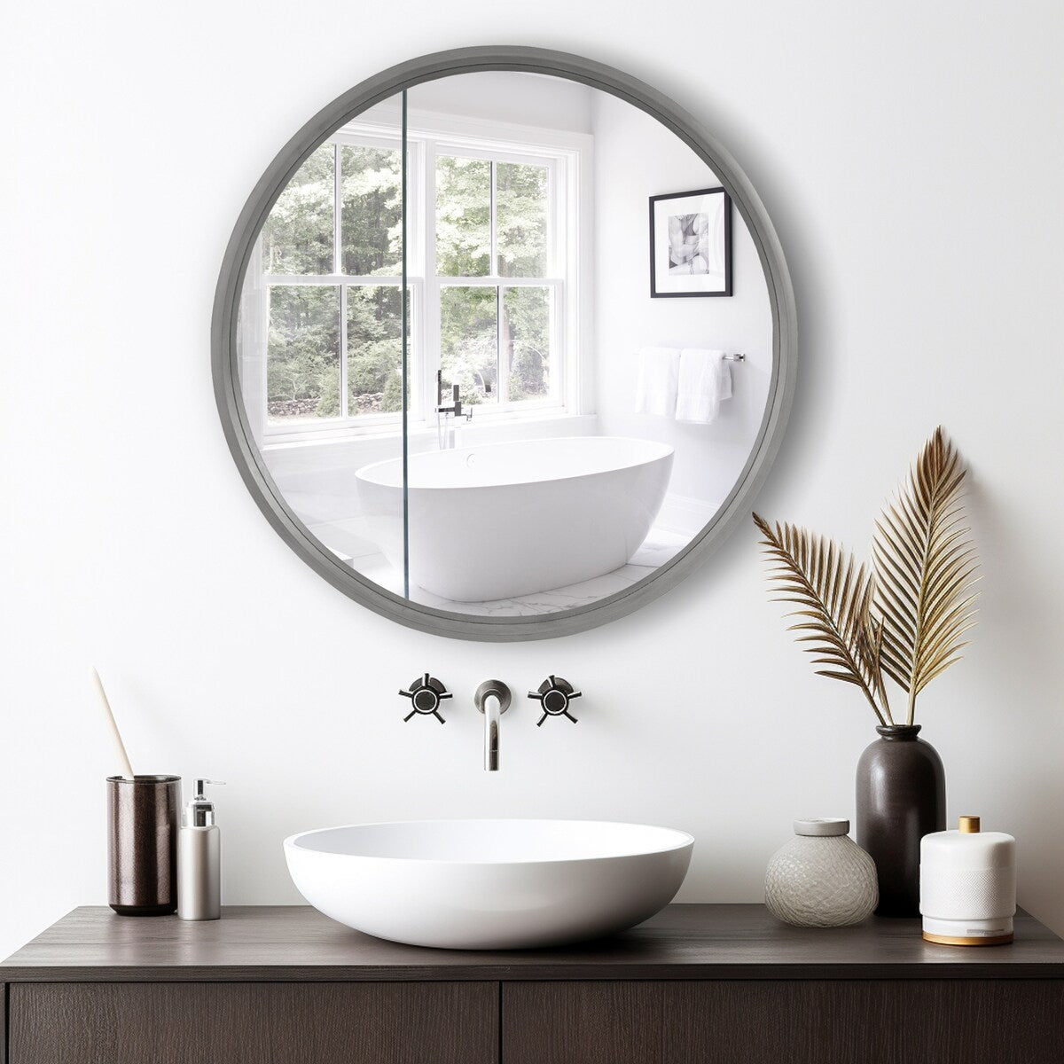 Classic Wooden Frame Farmhouse Round Wall Mirror