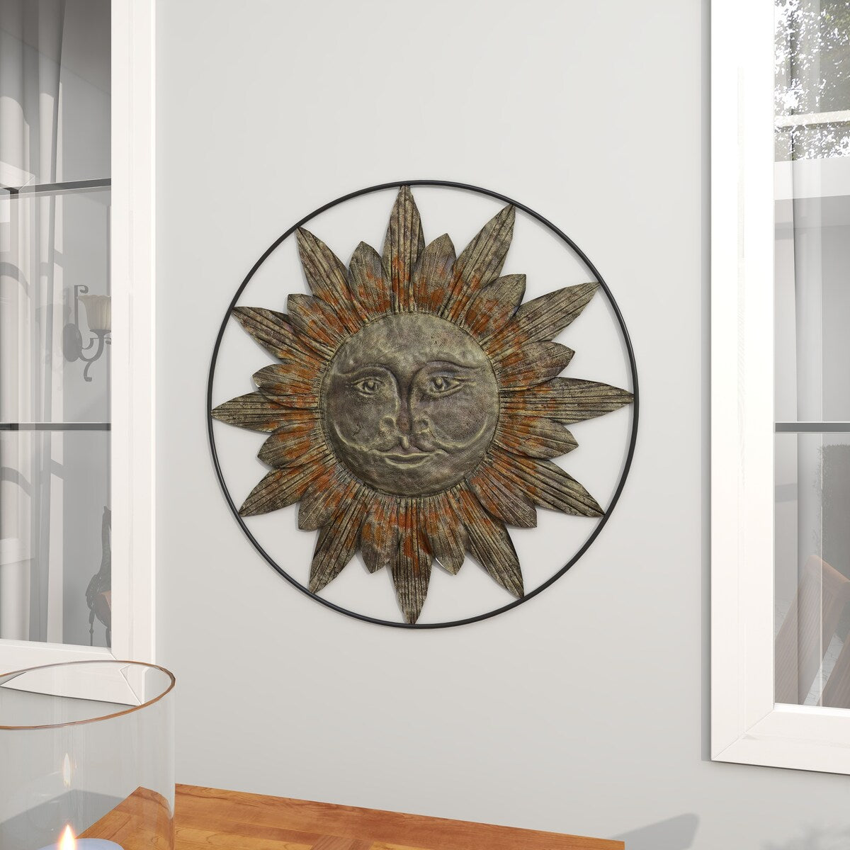 Metal Sun Indoor Outdoor Home Wall Decor with Distressed Copper Like Finish - Brown - Roche River Decor