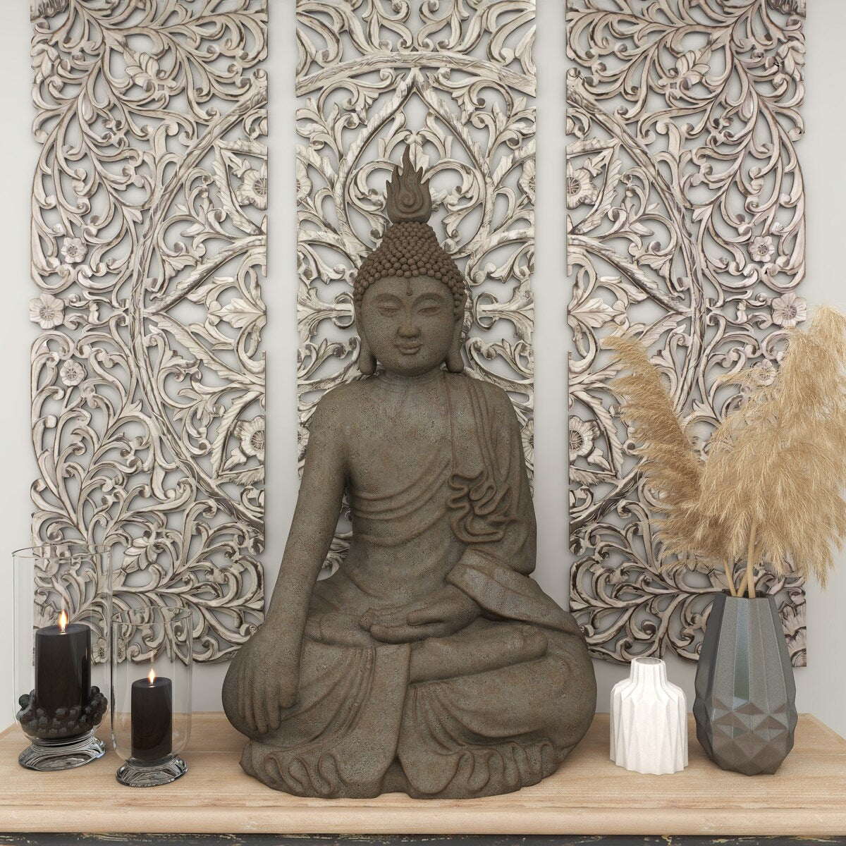 Polystone Buddha Meditating Decorative Sculpture with Engraved Carvings and Relief Detailing - Gray - Roche River Decor