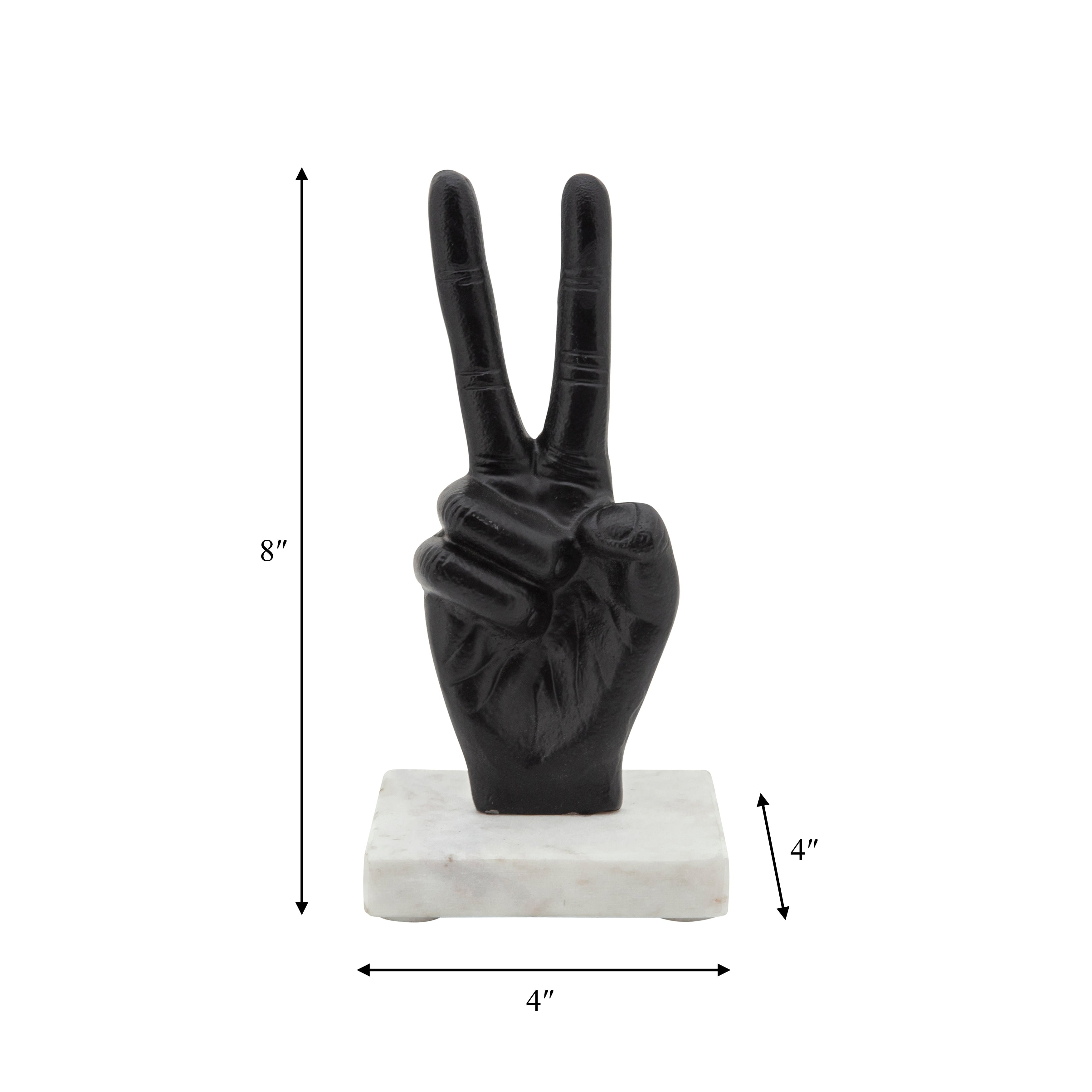 9 Metal Peace Sign Sculpture Hand Peace Sign Statue on White Marble Base Contemporary Decorative Table Accent - 4 x 4 x 8