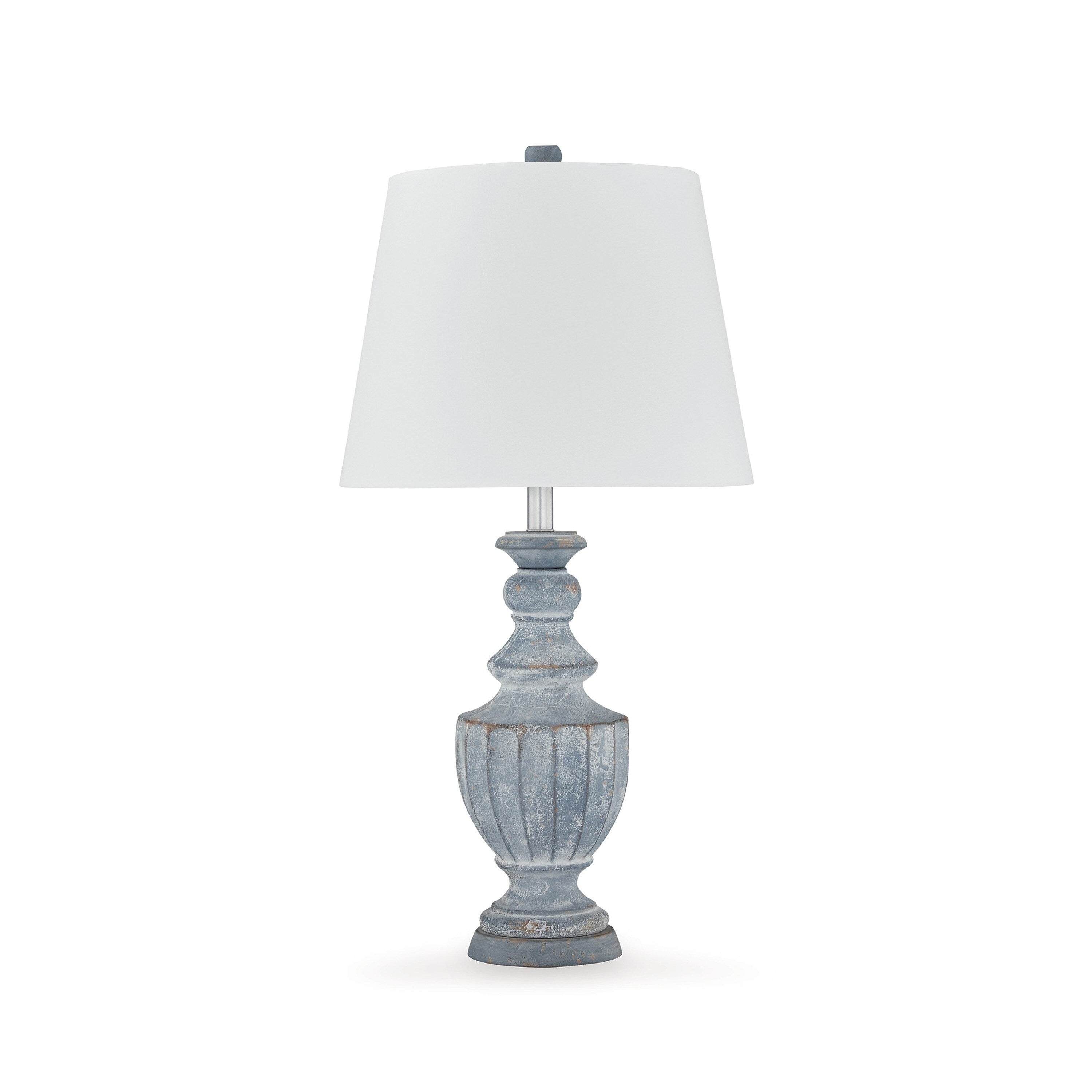 Rick 32 Inch Table Lamp, White Empire Fabric Shade, Turned Blue Terracotta