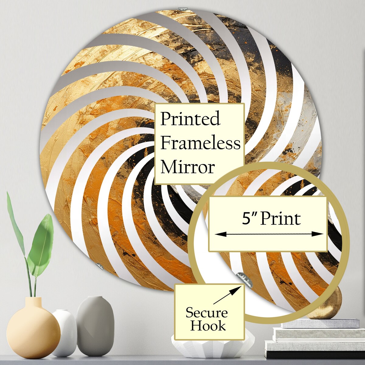 Designart Gold Black Desert Mirage Spiral I Abstract Spirals Gold Wall Mirror - Modern Large Mirror For Living Room