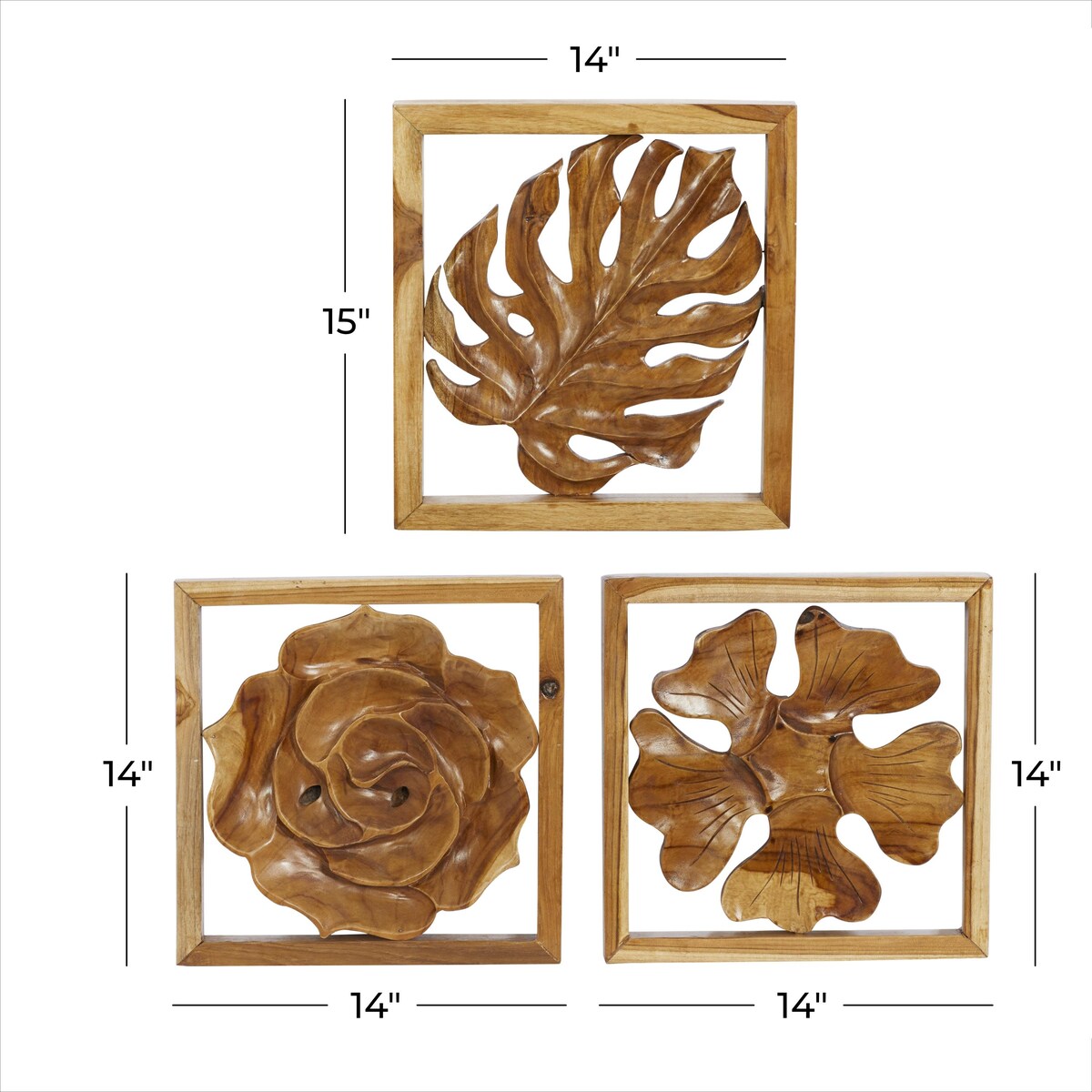 Teak Wood Floral Handmade Framed Carved Leaf and Home Wall Decor - Set of 3 Brown - Roche River Decor