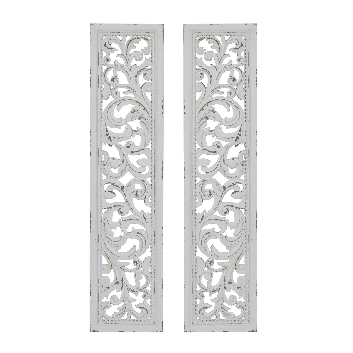 Wood Scroll Handmade Slim Distressed Carved Panel Home Wall Decor - Set of 2 White - Roche River Decor