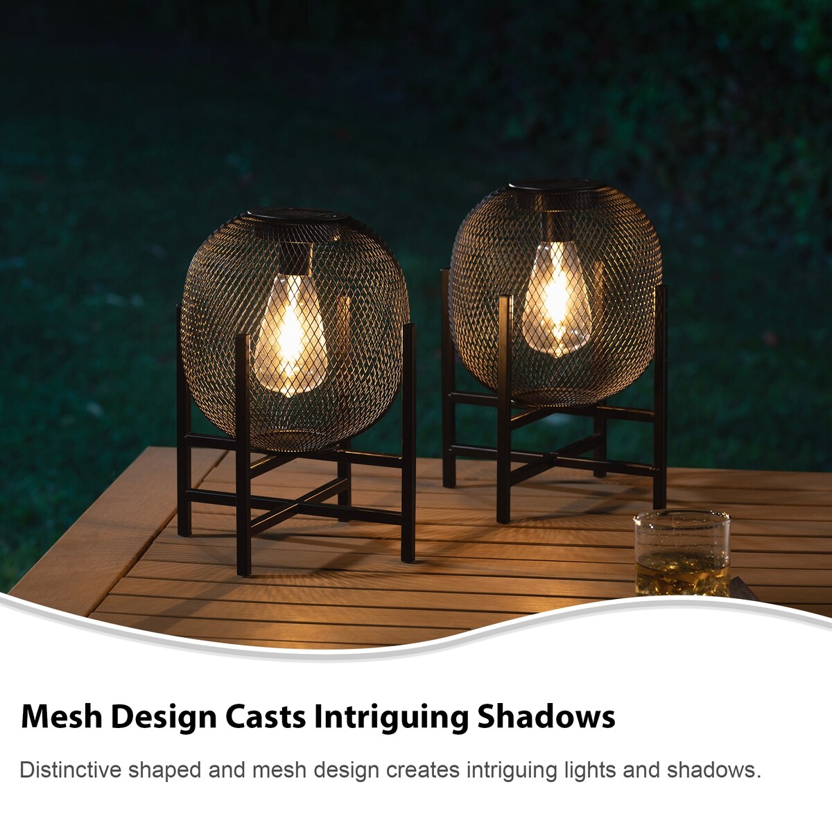 Glitzhome Set of 2 Metal Black Solar Powered Outdoor Lantern with Stand