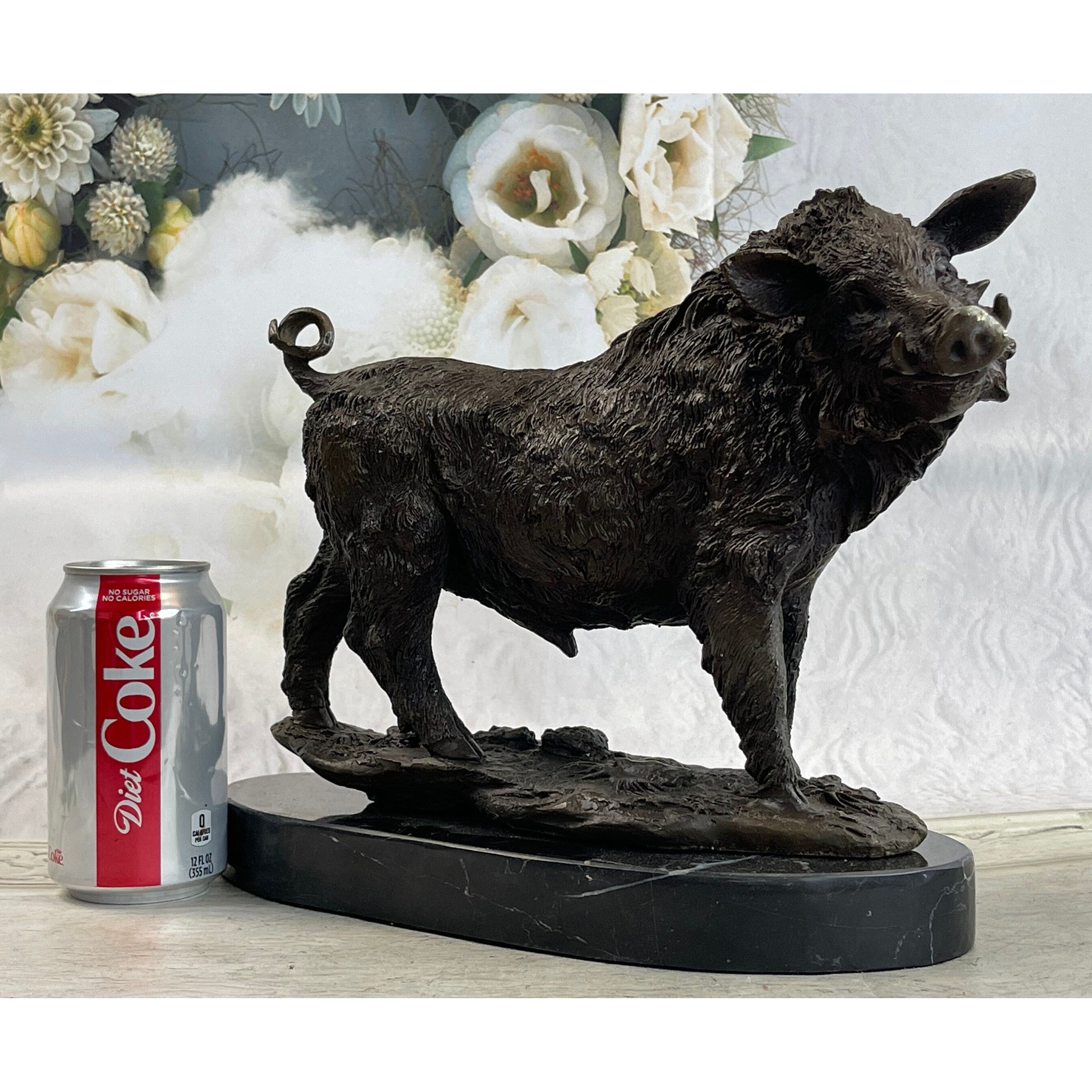 Bronze Sculpture Large Signed Barye Wild Boar Pig Art Deco Marble Figurine Decor