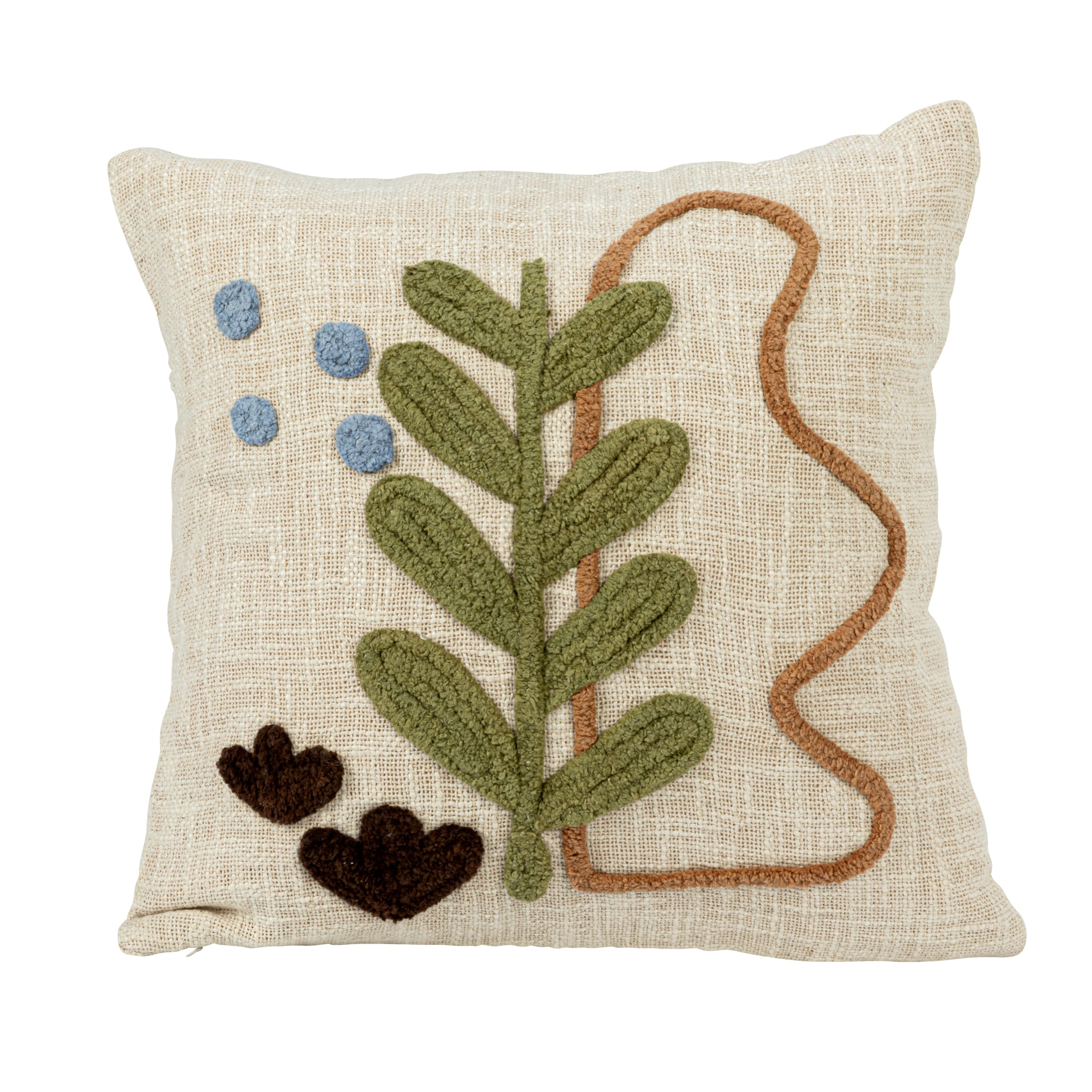 Cotton Slub Pillow with Tufted Plant Design