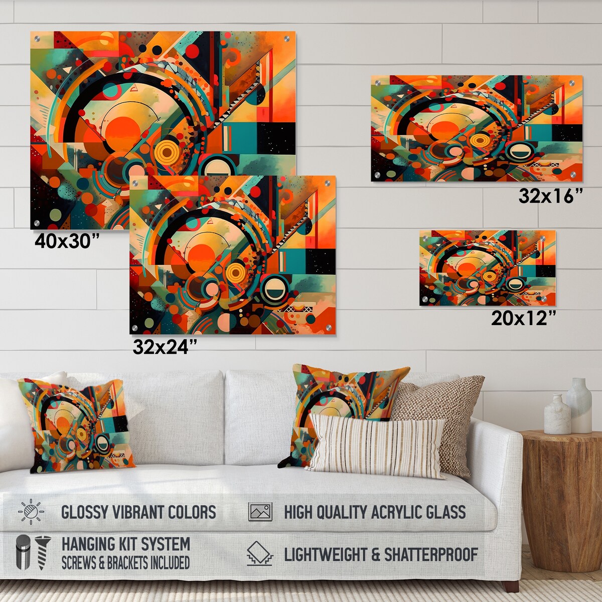 Designart Orange And Blue Geometric Vibrations I Abstract Geometric Orange - Modern Acrylic Wall Art For Dinning Room