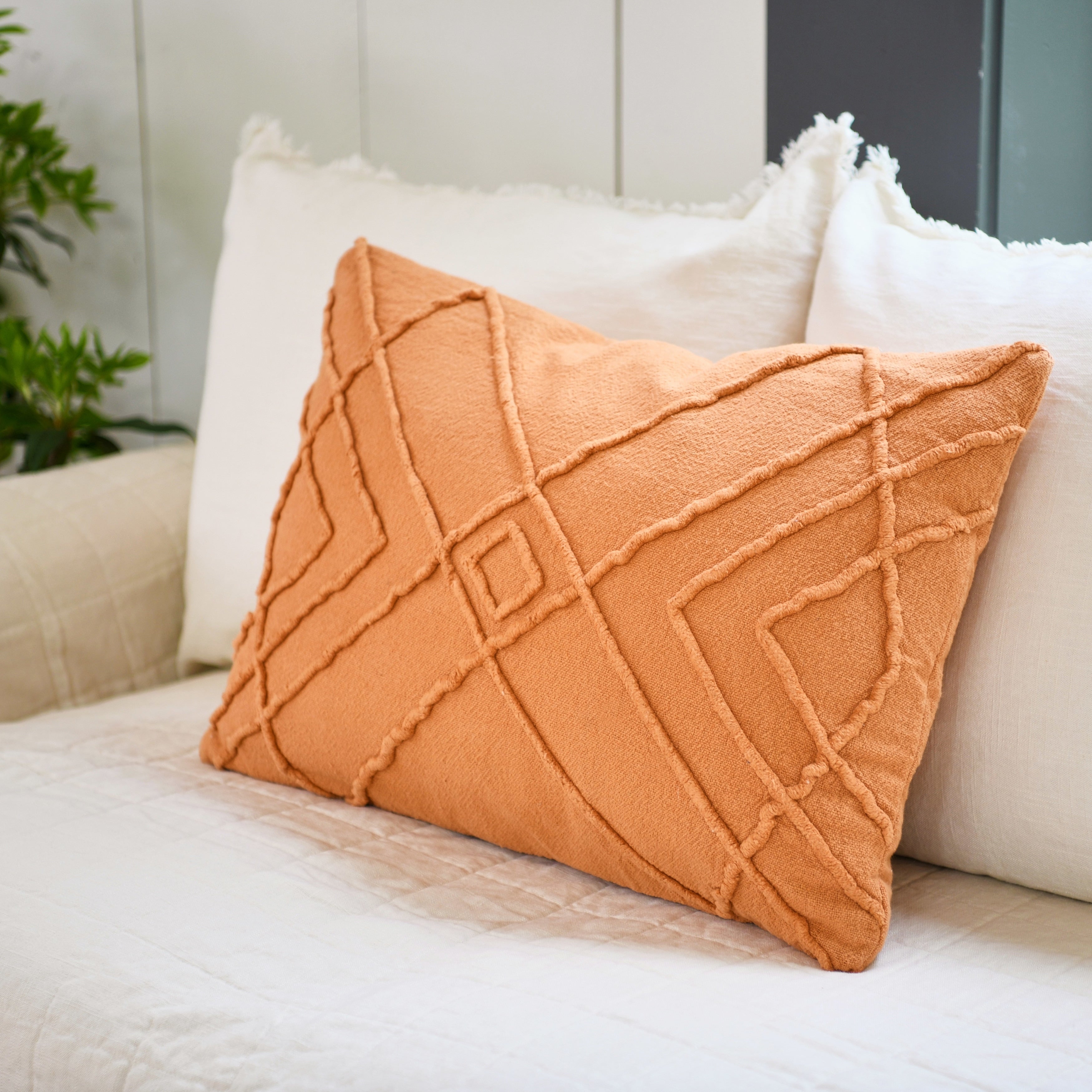 Embroidered Cotton Geometric Lumbar Pillow