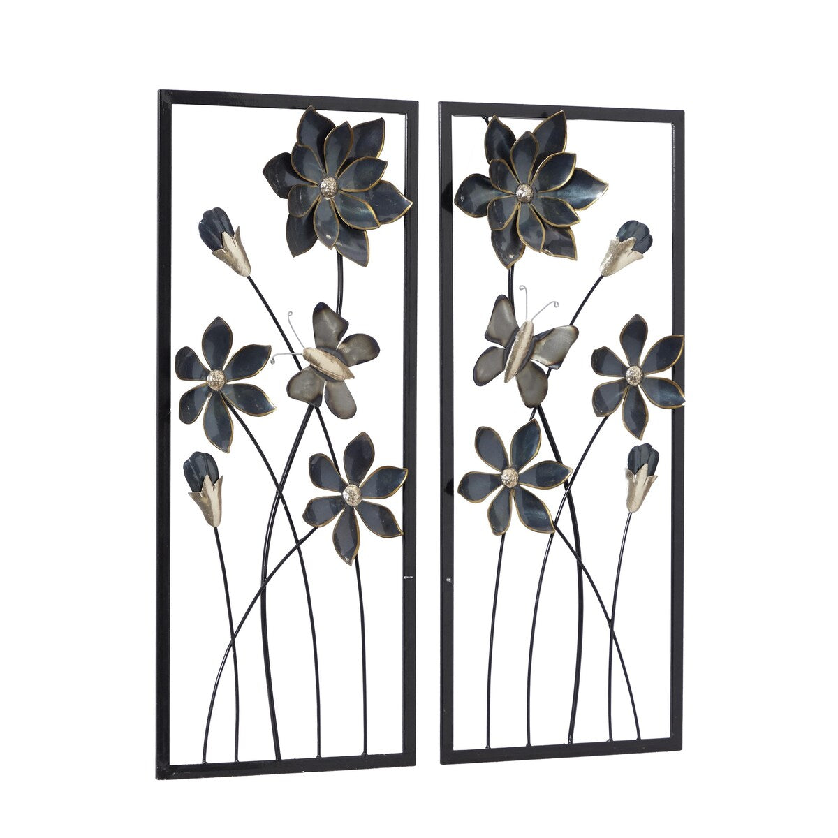 Metal Floral Home Wall Decor with Black Frames and Butterfly Accents - Set of 2 Teal - Roche River Decor