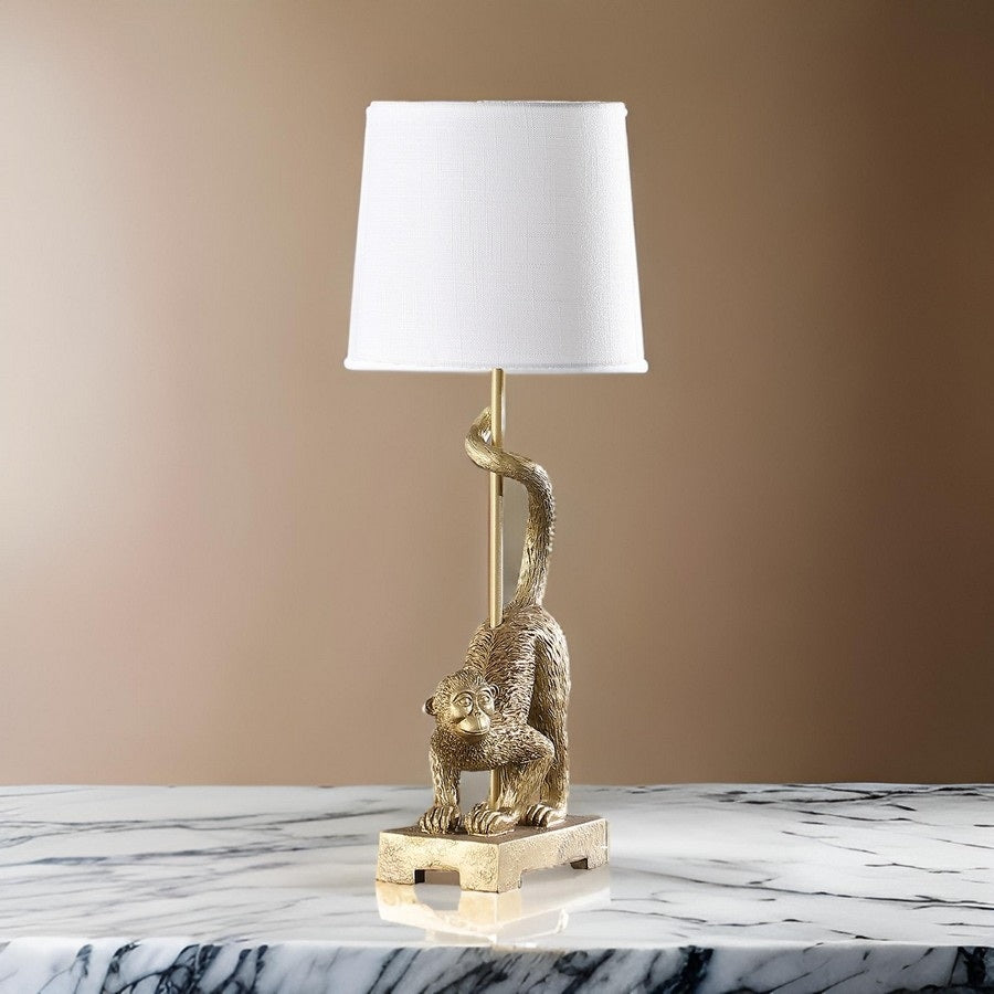 Ree 24 Inch Accent Table Lamp, Monkey Resin Sculpture, Drum Shade, Gold