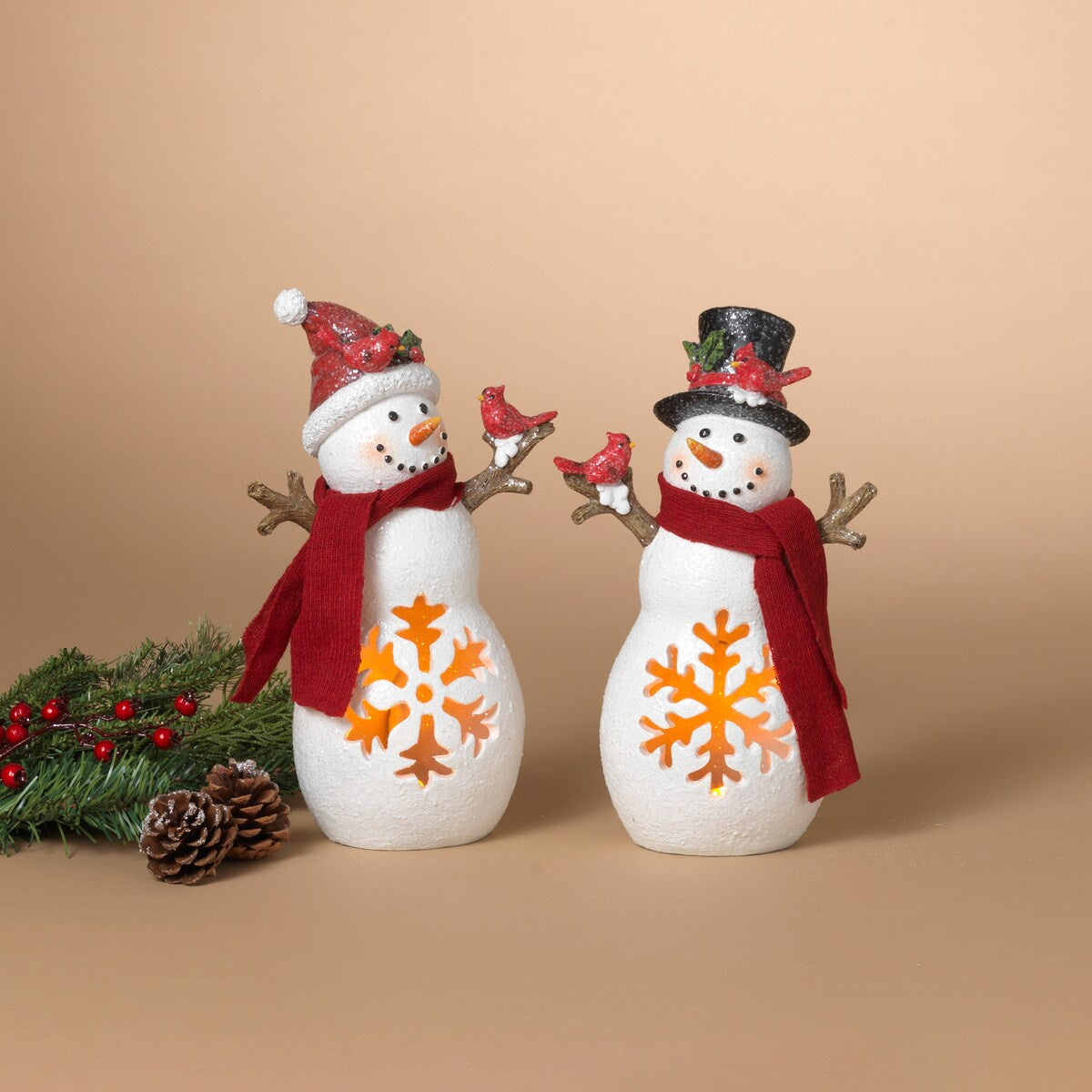 11.42 Inch Lighted Resin Holiday Snowmen Set of 2