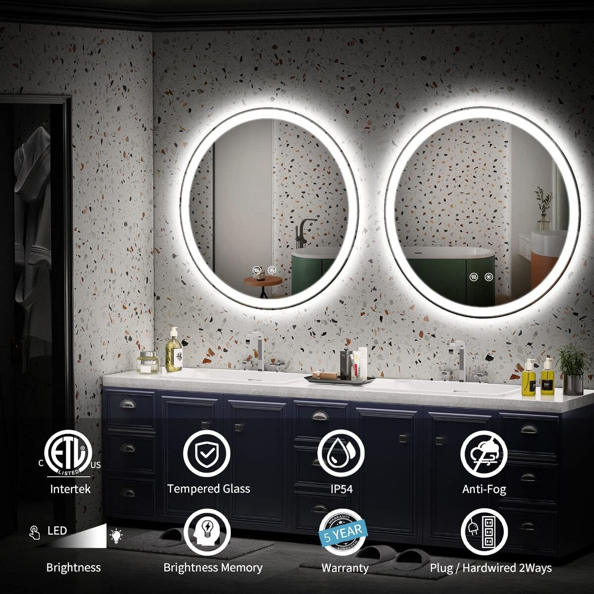 LED Lighted Dimmable Anti Fog Frameless Rounded Vanity Mirror