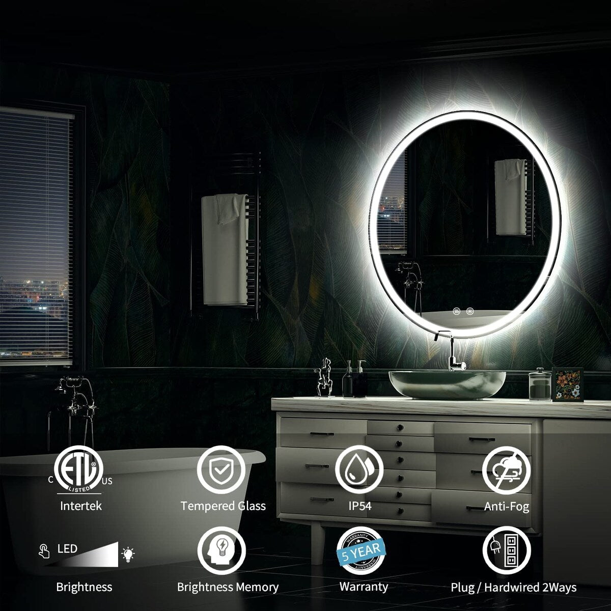 LED Lighted Dimmable Anti Fog Frameless Rounded Vanity Mirror