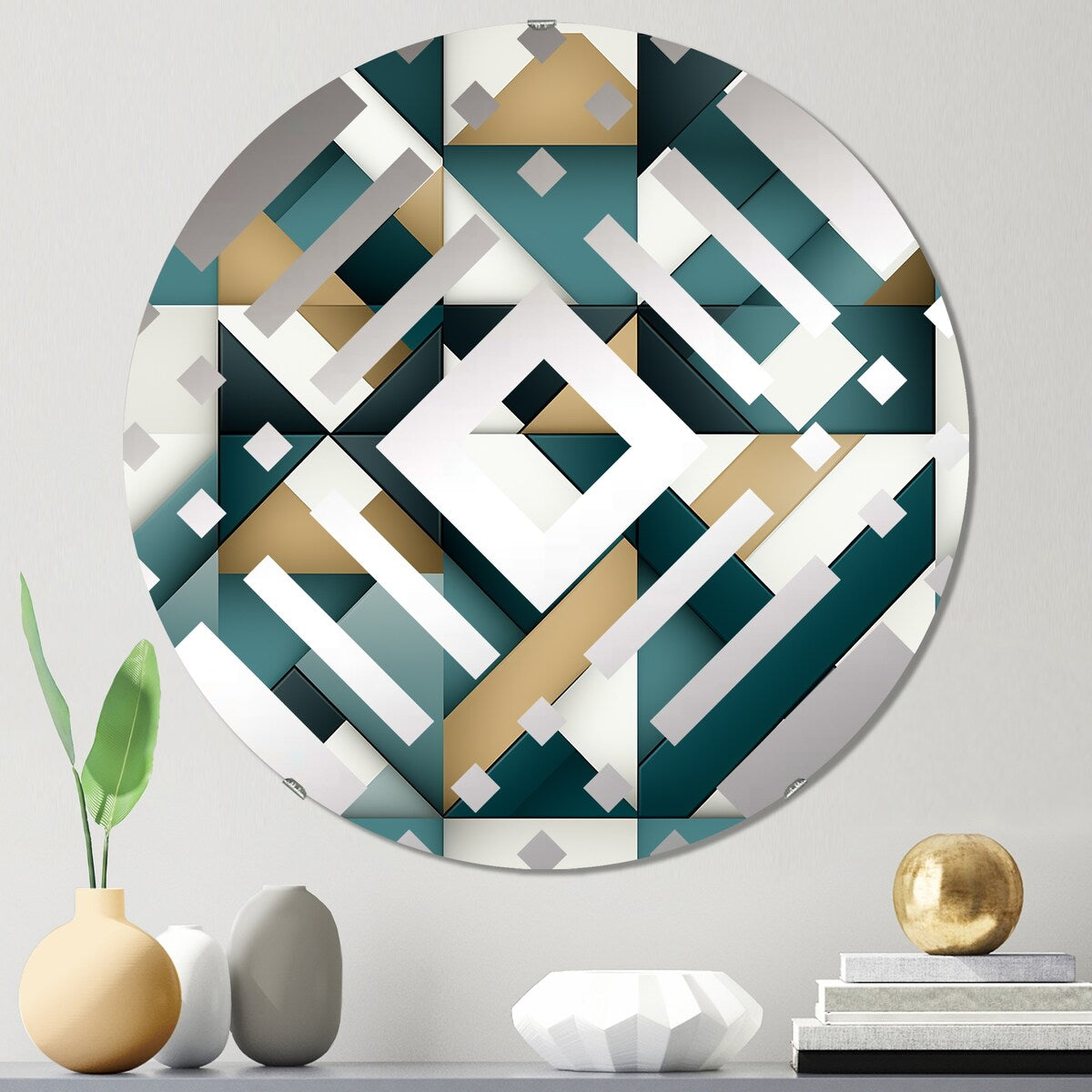 Designart Teal And Golden Modern Geometric Tiles - Modern Geometric Diamond Decorative Mirror