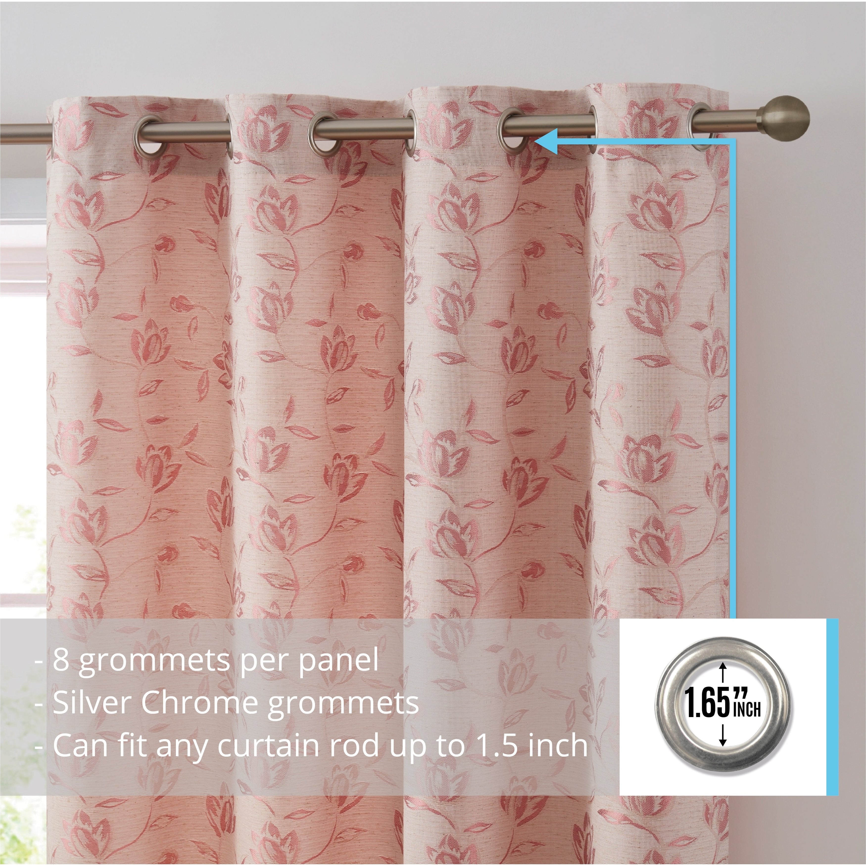 HLC.me Zoey Burlap Flax Linen Floral Jacquard Light Filtering Transparent WindowGrommet Curtain Panels, 2 Panels