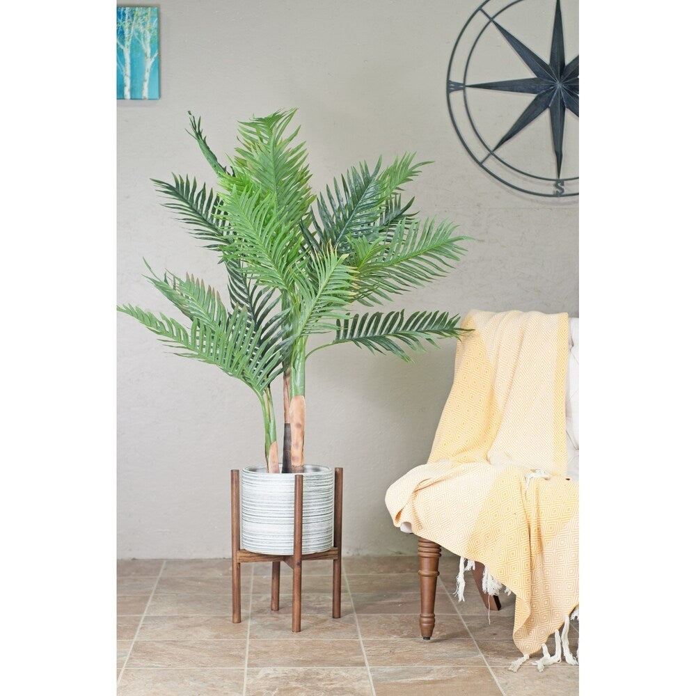 Large Ceramic Pot 10 Gray with Wood Stand Dark Walnut