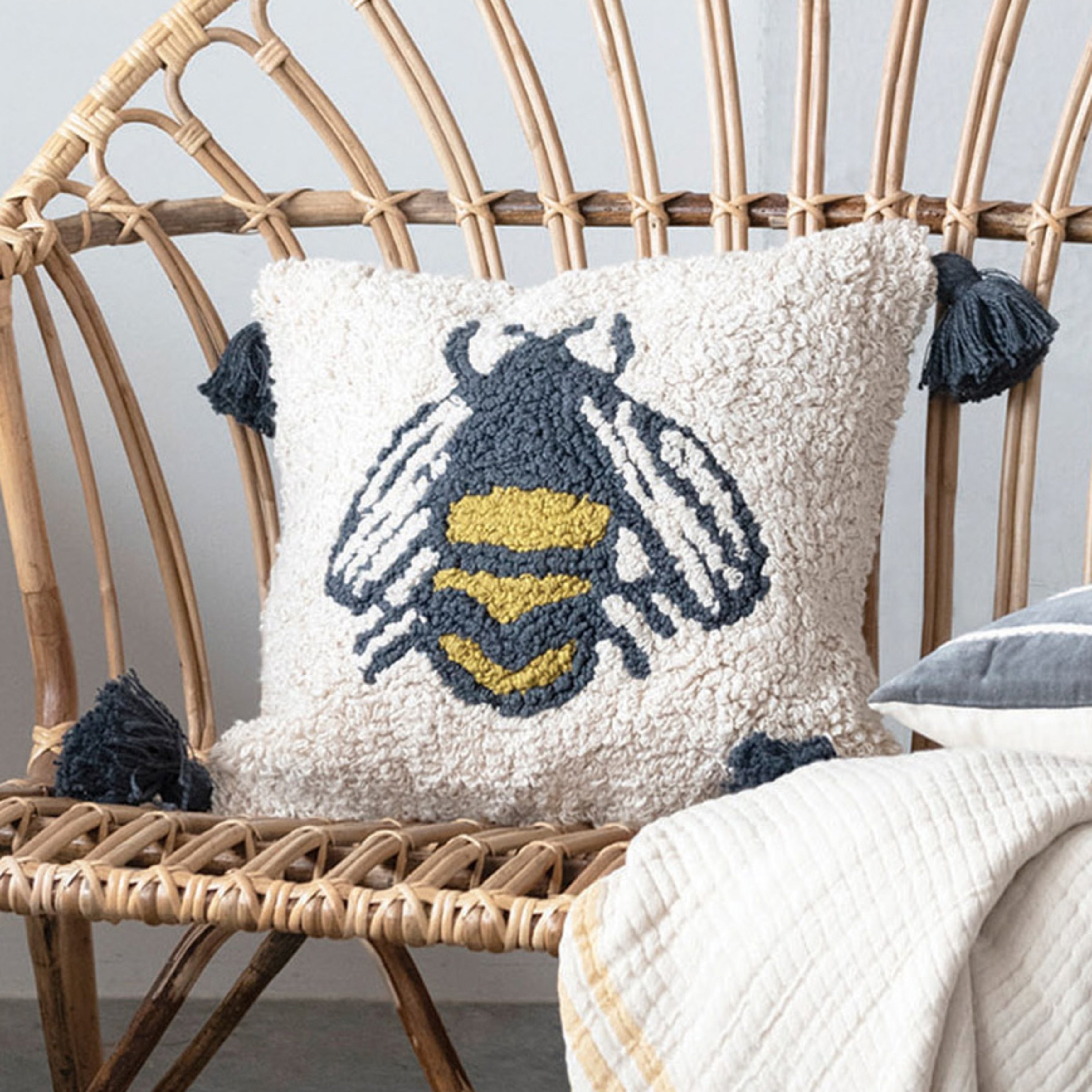 Cotton Punch Hook Pillow with Bee and Tassels