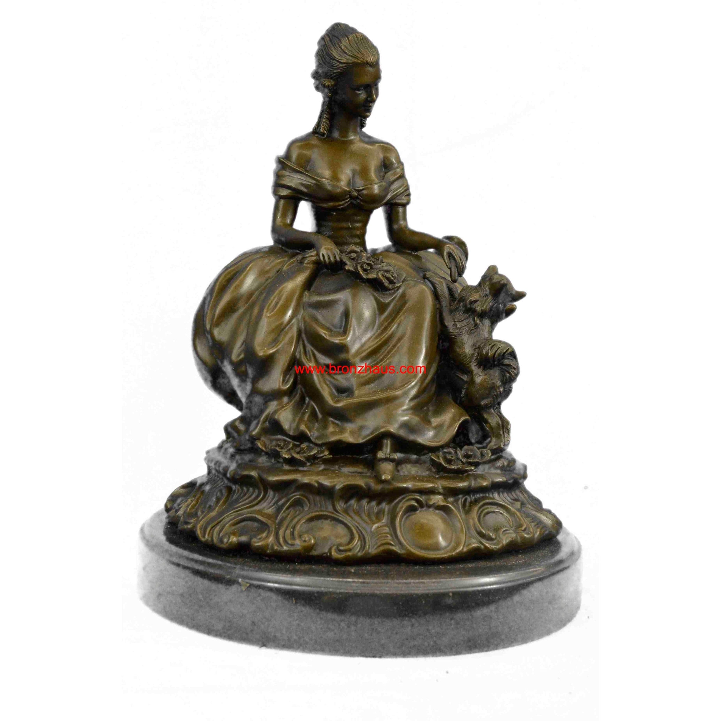 Large Stunning Bronze Sculpture Victorian Lady With Dog Hot Cast Statue Figurine