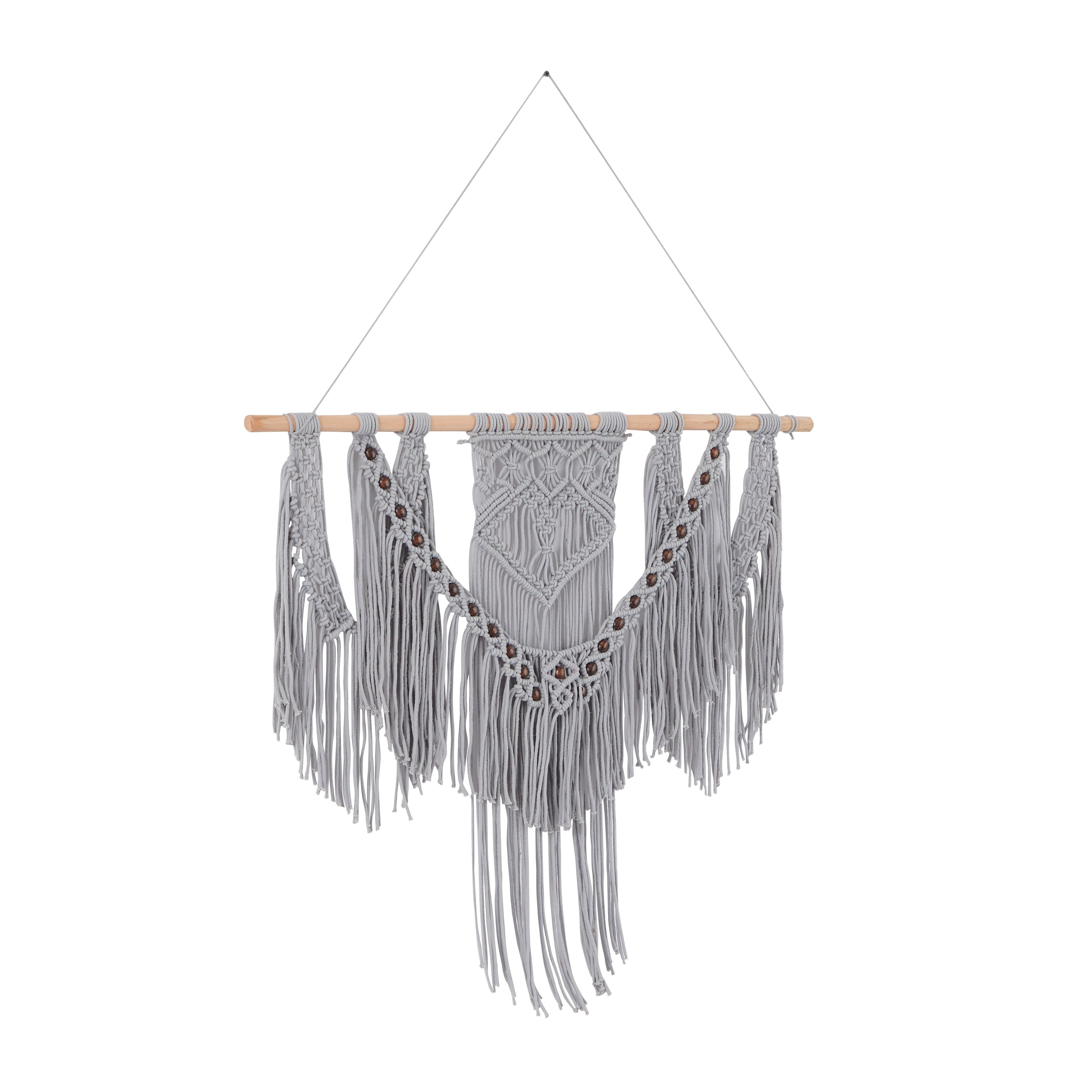 Cotton Handmade Intricately Weaved Macrame Wall Decor with Beaded Fringe Tassels - Gray or Cream