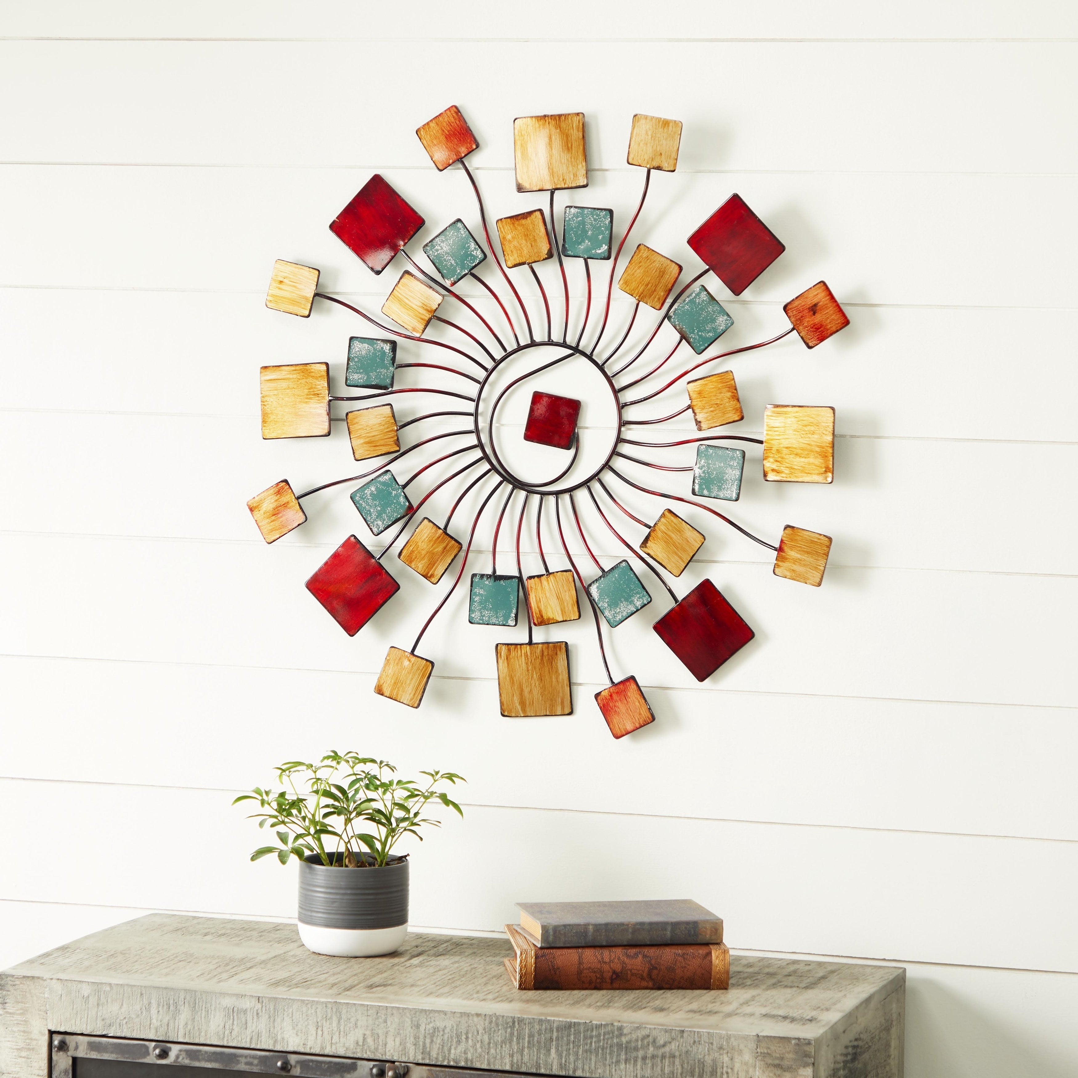 Metal Sunburst Wire Home Wall Decor with Square Shaped Accents - Multi Colored - Roche River Decor