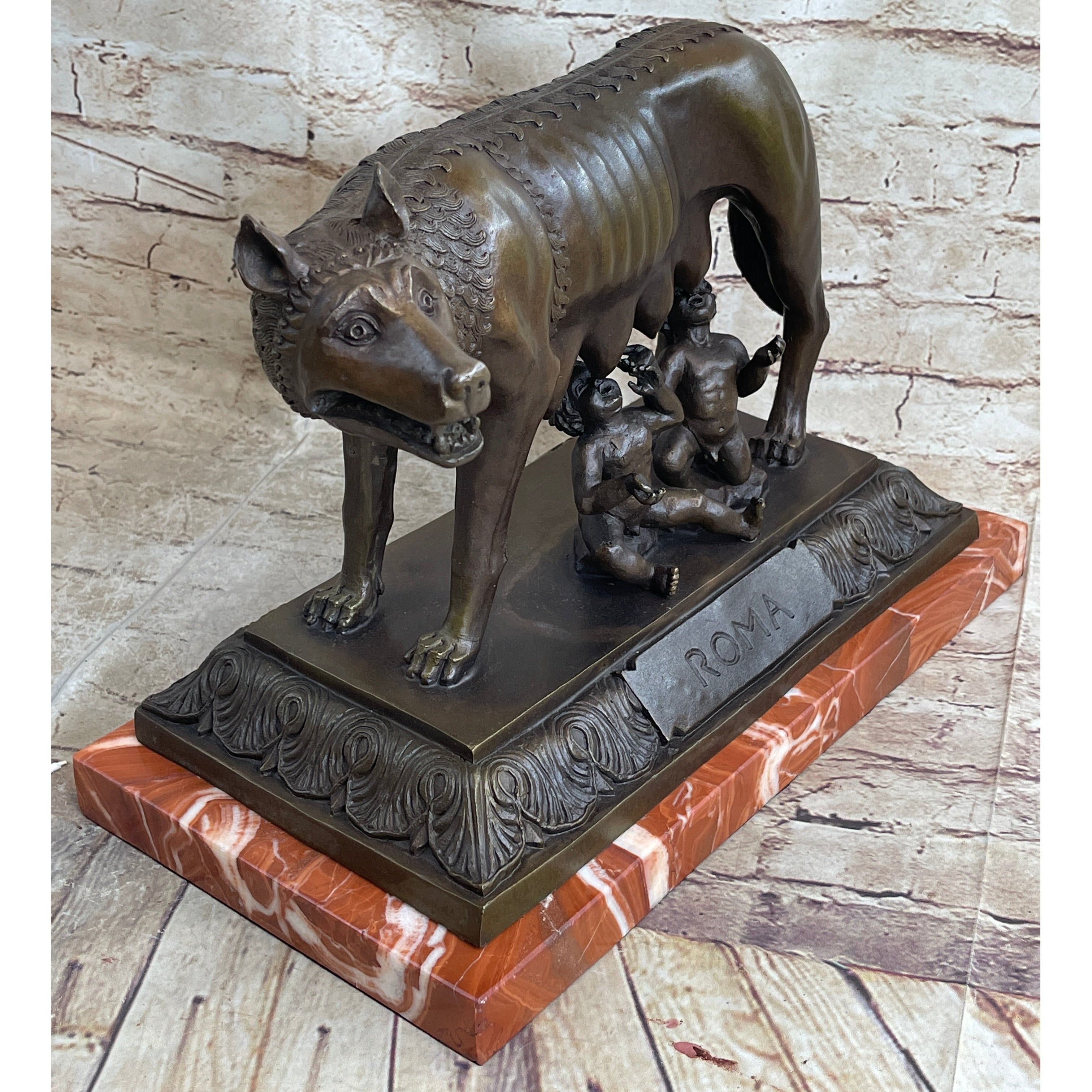 The Capitoline Wolf Romulus Remus Bronze Metal Statue Sculpture On Rose Marble Base 12 Inches X 15 Inches