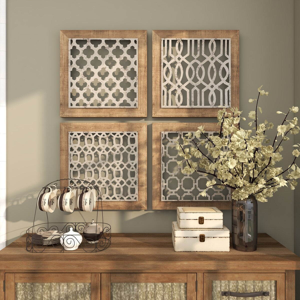 Wood Geometric Home Wall Decor with Silver Metal Trellis Cutouts - Set of 4 Brown - Roche River Decor