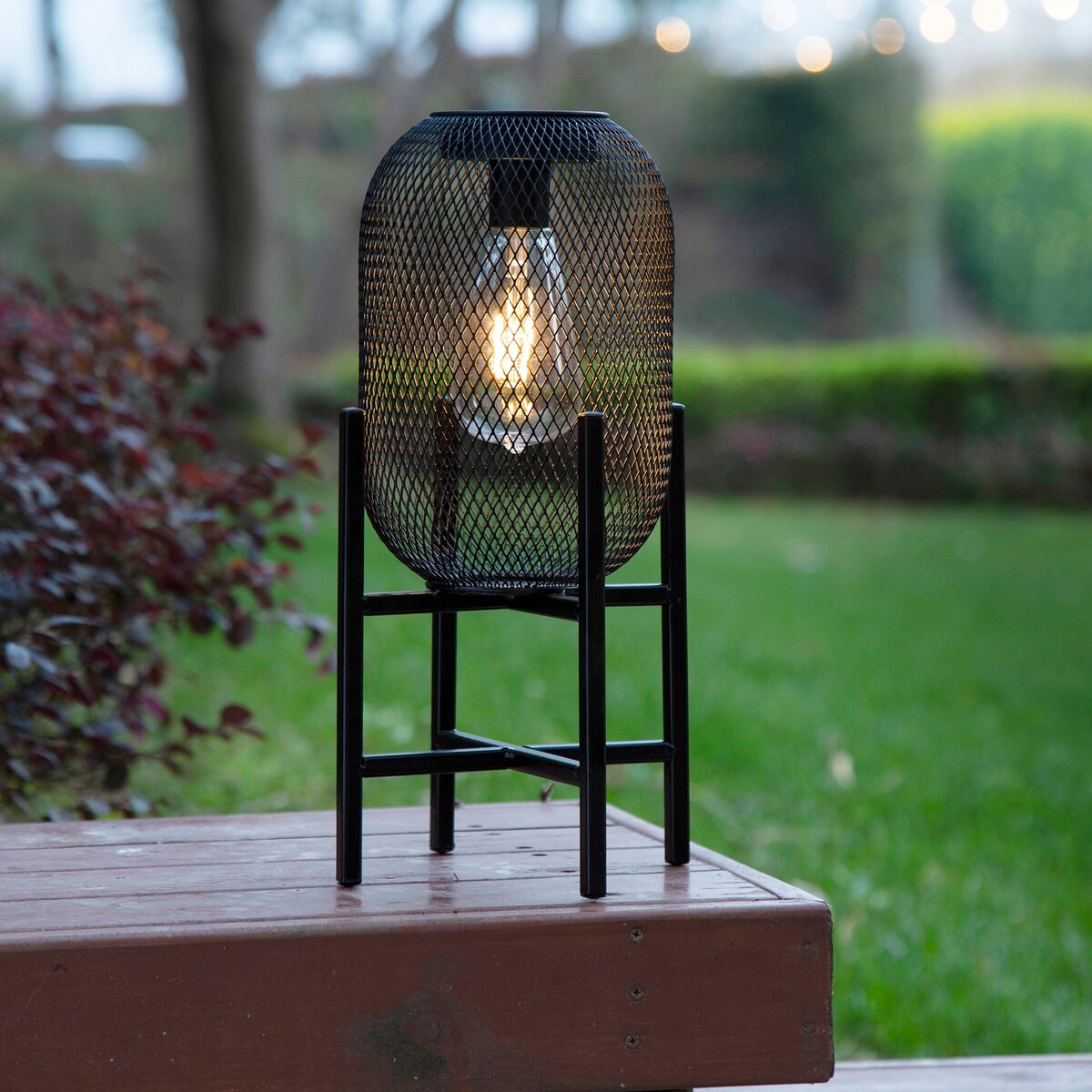 Glitzhome Set of 2 Metal Black Solar Powered Outdoor Lantern with Stand