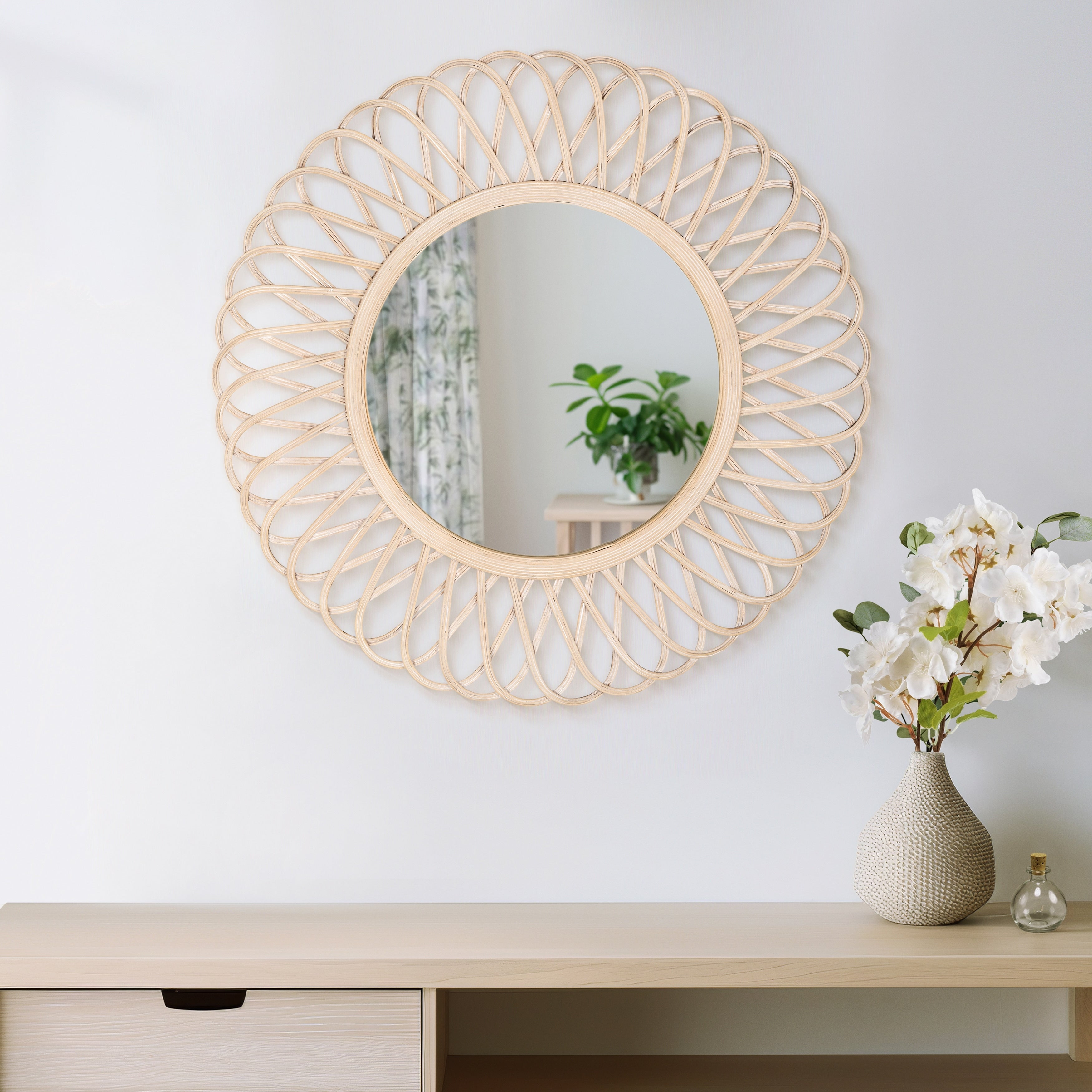 Sagebrook Home 35 Diameter Daisy Mirror, Natural Color Wicker Decorative Accent Mirror, Hanging Round Mirror - 35 x 35 x 2