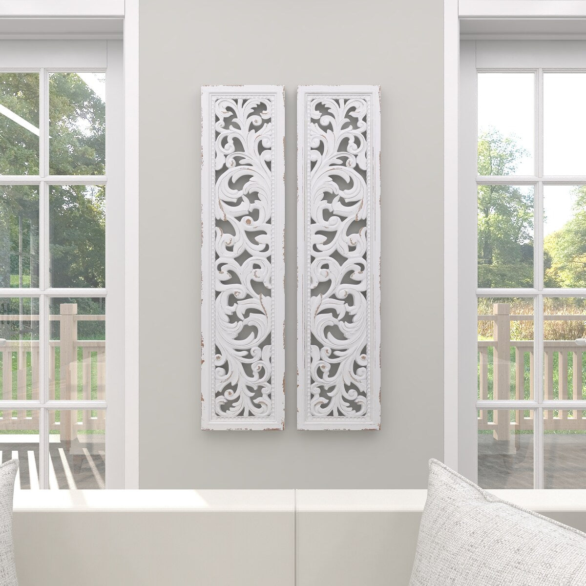 Wood Scroll Handmade Slim Distressed Carved Panel Home Wall Decor - Set of 2 White - Roche River Decor