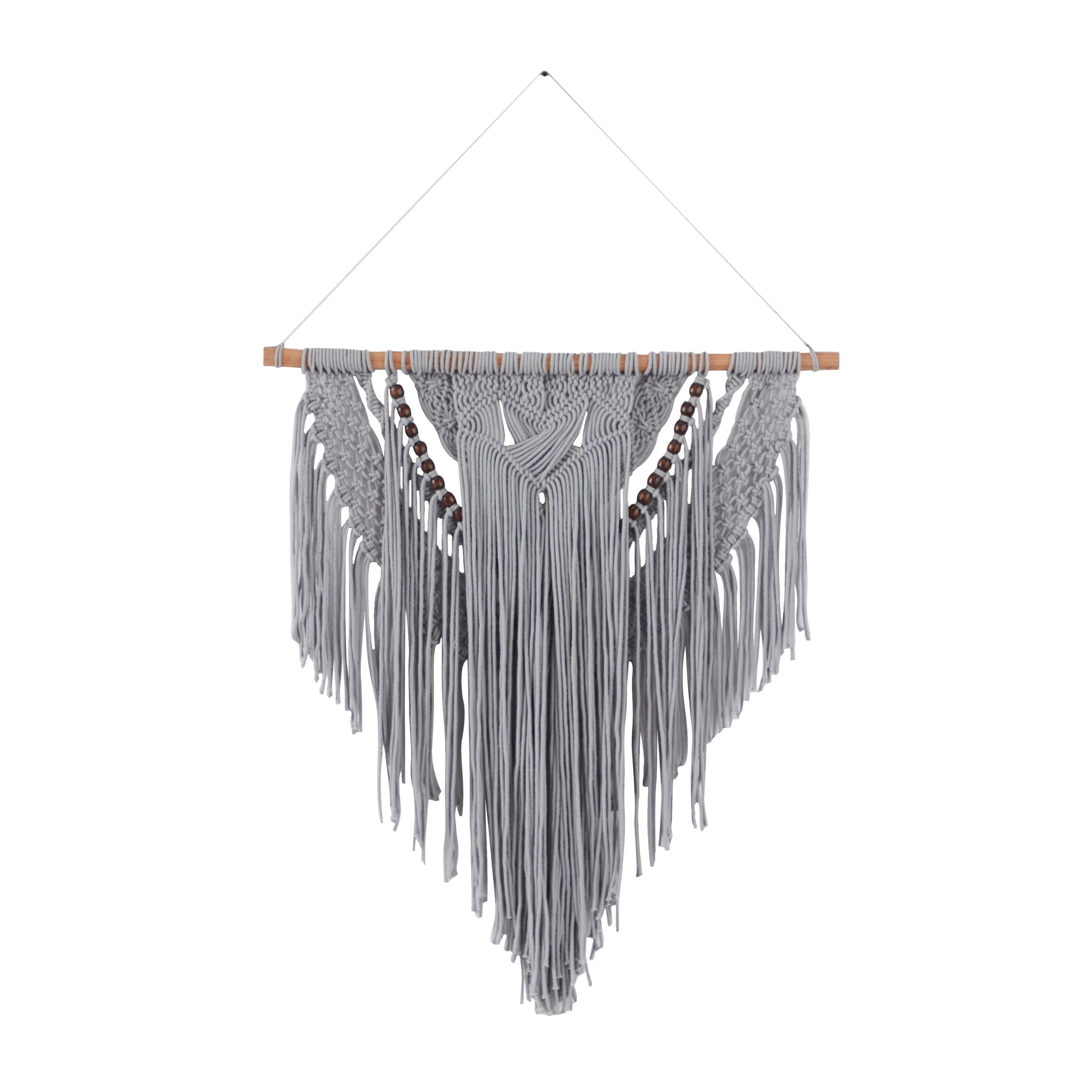 Cotton Handmade Intricately Weaved Macrame Wall Decor with Beaded Fringe Tassels - Gray or Cream