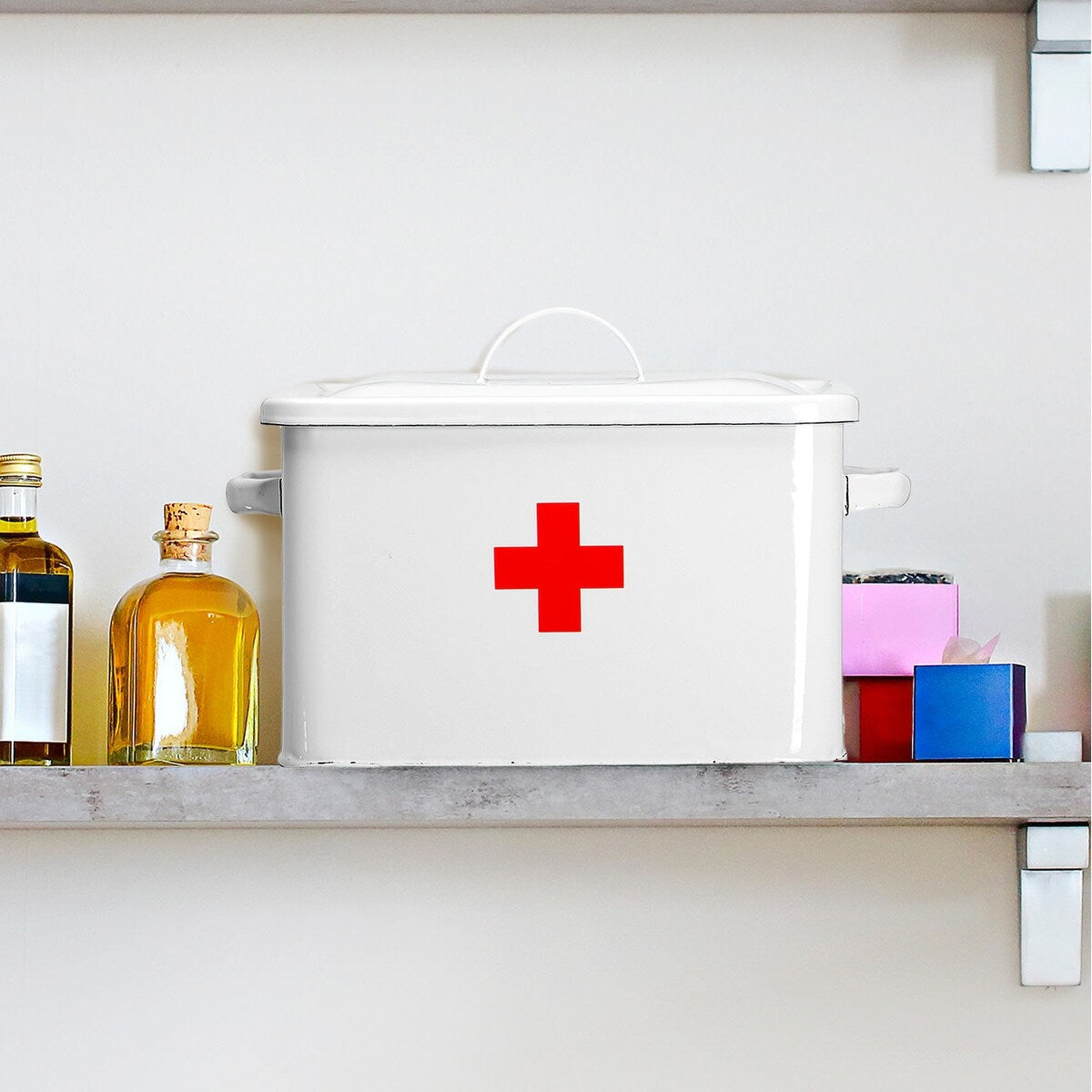 Enameled Metal First Aid Box with Lid and Swiss Cross