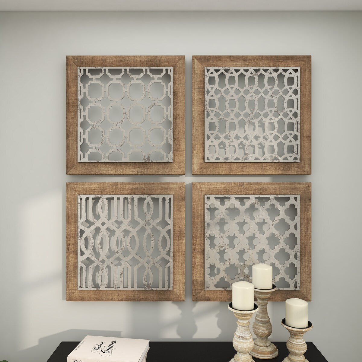 Wood Geometric Home Wall Decor with Silver Metal Trellis Cutouts - Set of 4 Brown - Roche River Decor