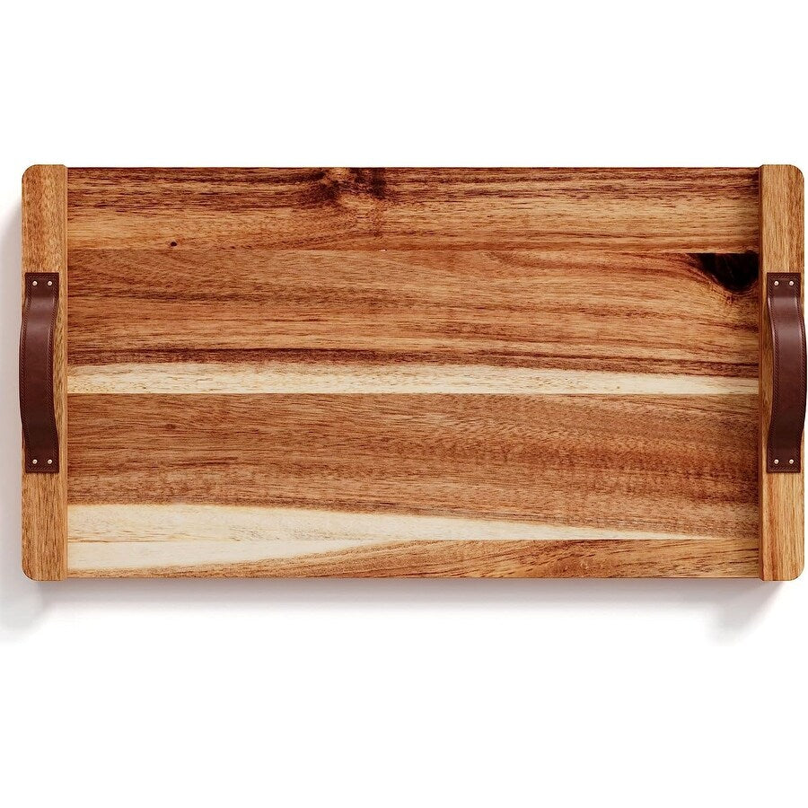 American Atelier Acacia Wood Rectangular Tray with Leather Handle - 18 x 9