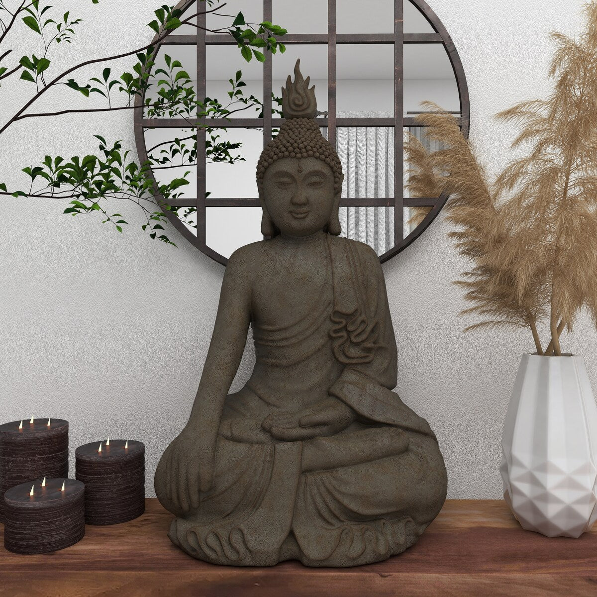 Polystone Buddha Meditating Decorative Sculpture with Engraved Carvings and Relief Detailing - Gray - Roche River Decor